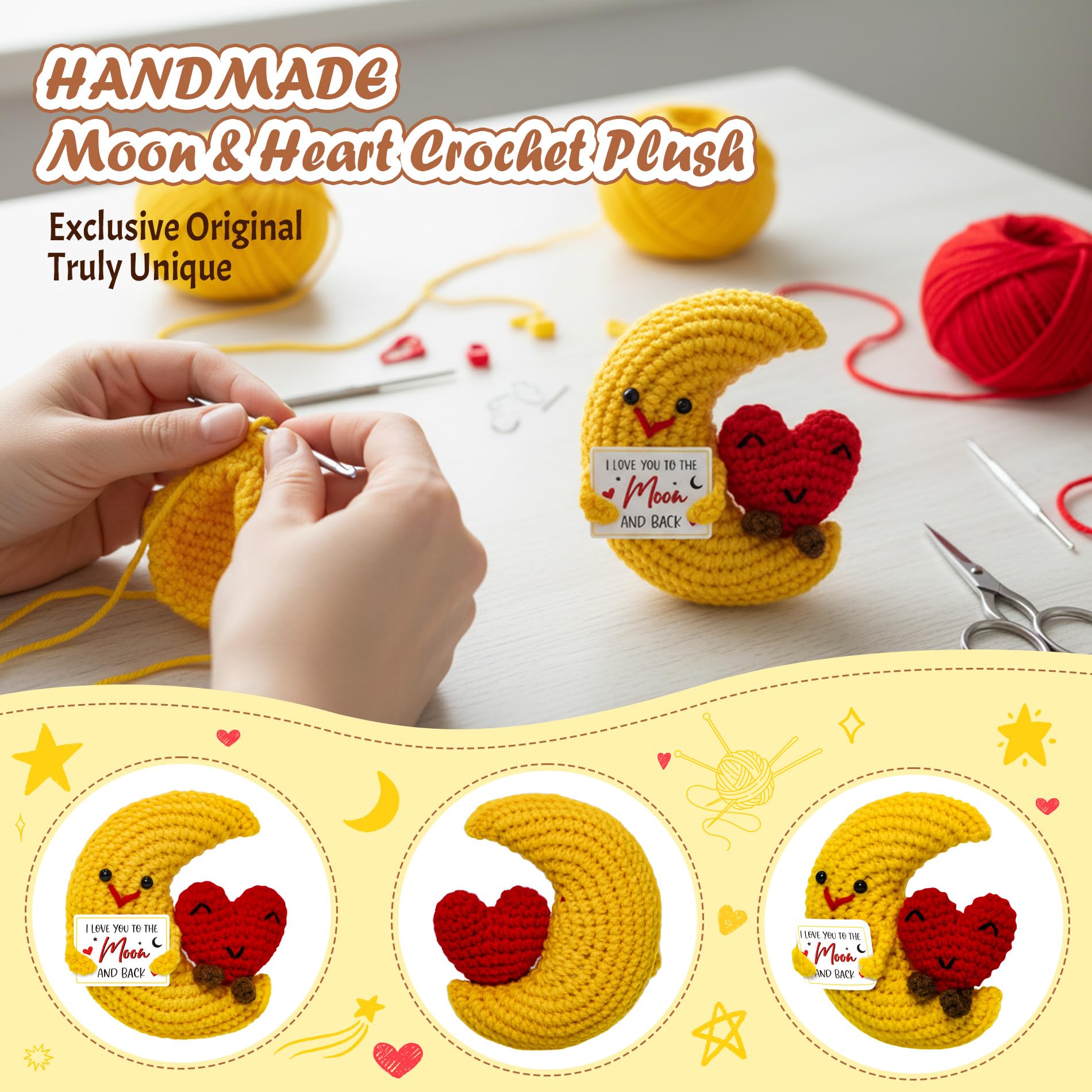 Crochet Moon Heart Mother's Gift – Handmade Crochet Pocket Hug Heart I Love You Mum Gift for Women Couples Best Friend Her Him Boyfriend Anniversary Wedding Mother's Day Decoration