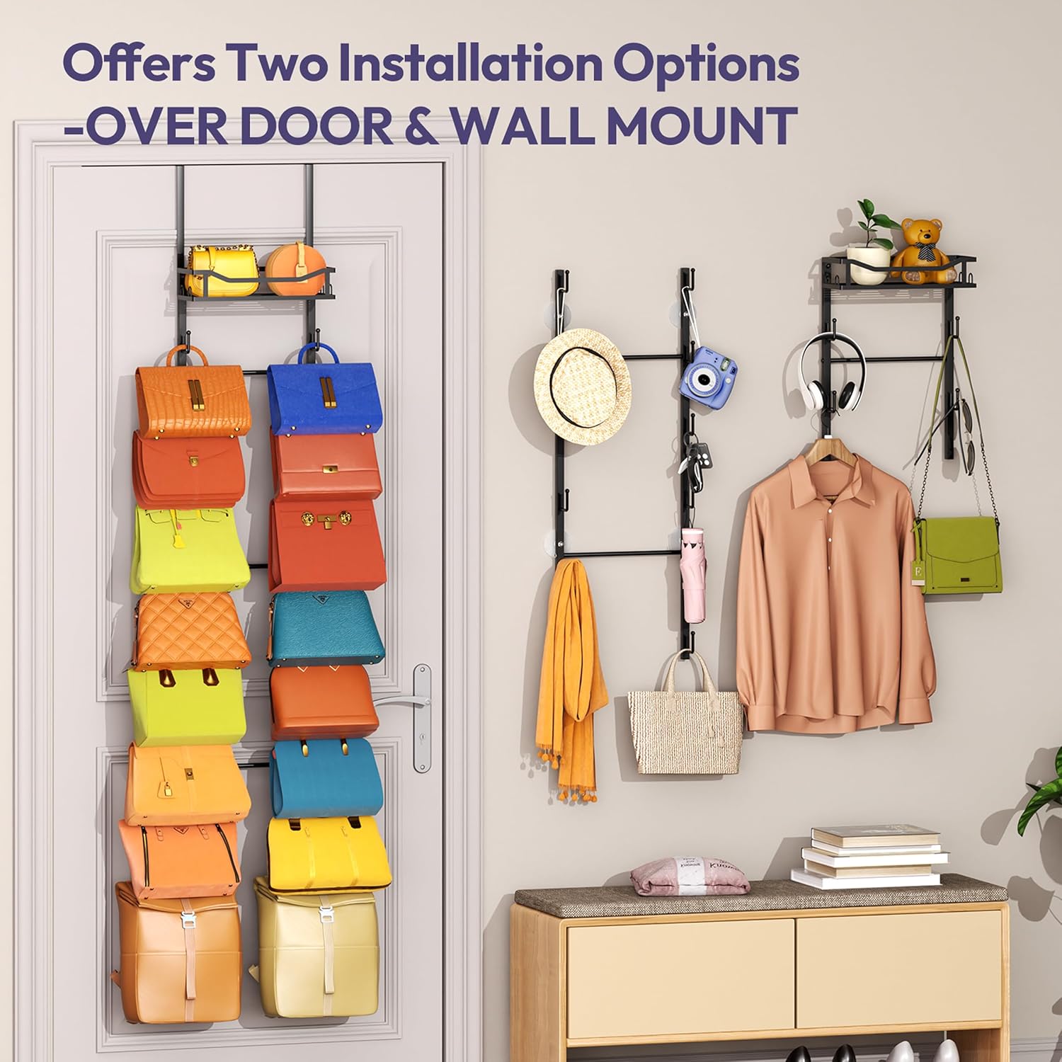 SWTYMIKI Over The Door Purse Organizer - Wall Mounted Purse Rack with 16 Hooks and Metal Basket, Hanging Handbag Storage Organizer Holds up to 16 Bags, Bag Rack Can Use As 1/2 Part, for Door, Closet - Image 6