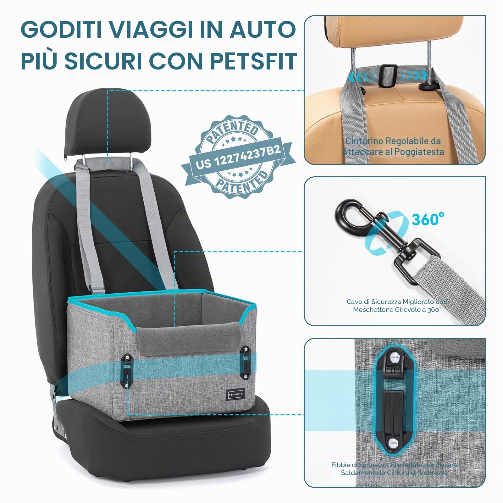 Petsfit Seggiolino Auto Trasportino per cani piccoli,Seggiolino cane auto anteriore con clip di sicurezza per la cintura e cuscino in peluche per cani piccoli fino a 6 kg