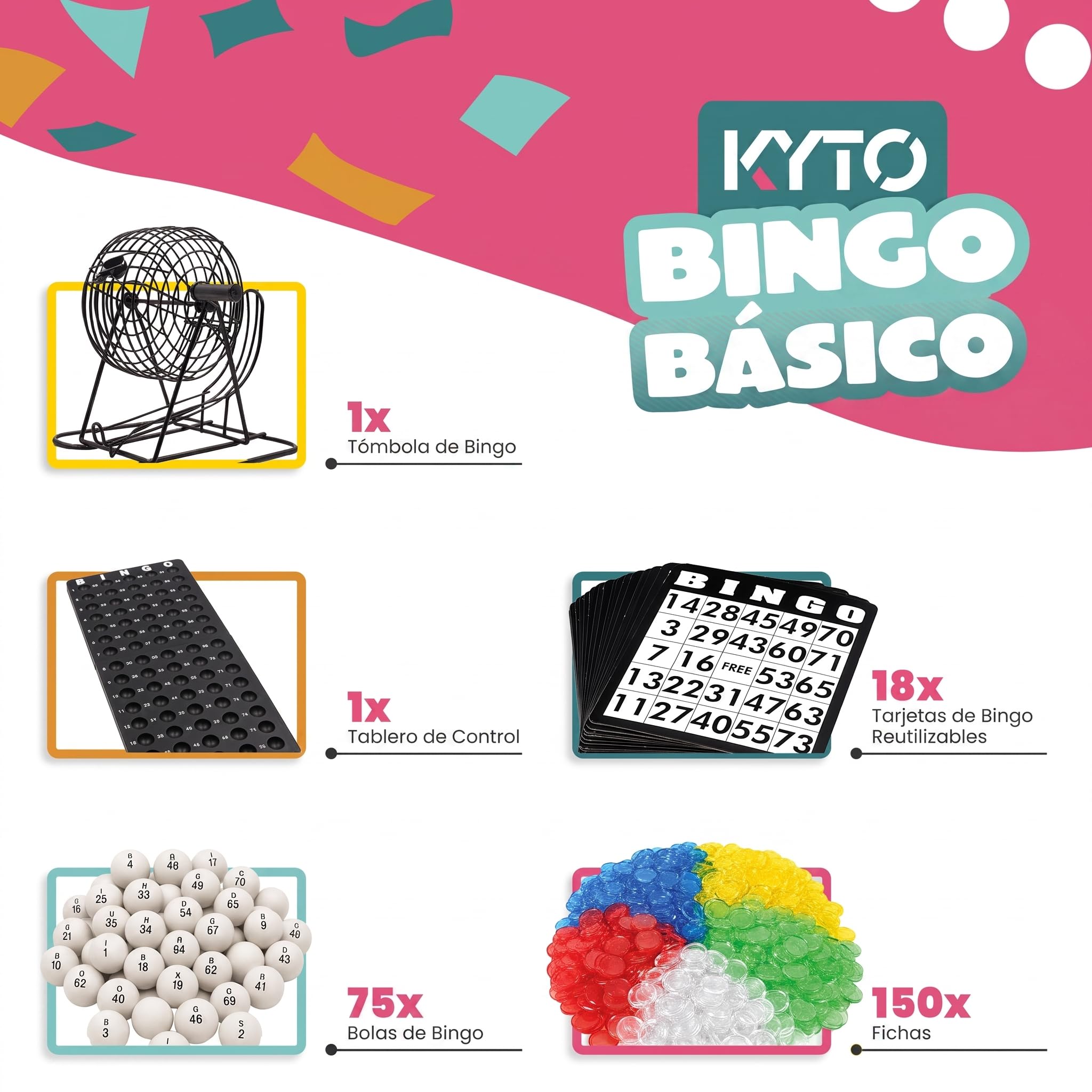 Kyto Bingo Game metalowy bęben 18 kart Bingo 75 piłek Bingo 150 żetonów gra planszowa czarna dorośli dzieci podstawowe (2026)