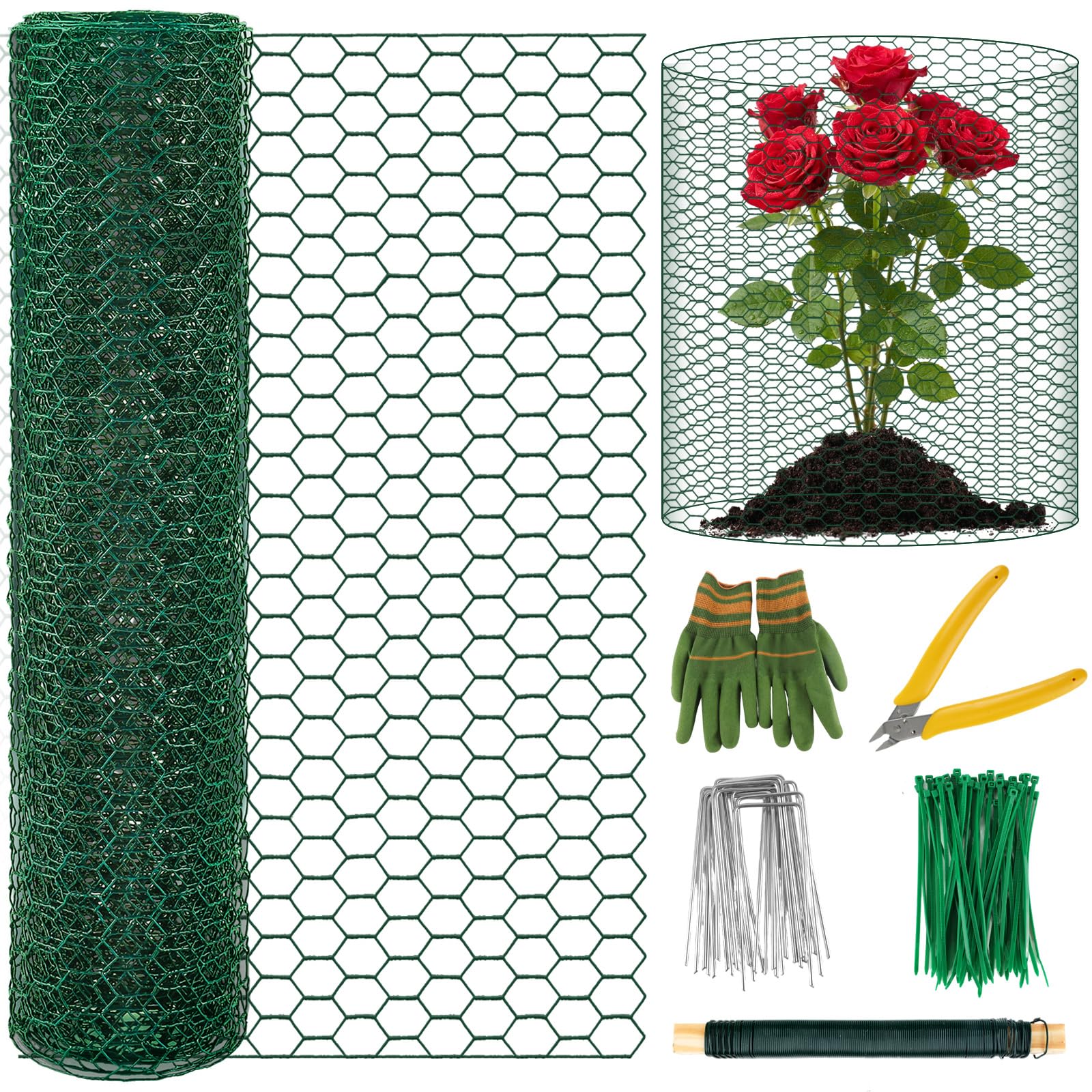 Convivium Plant Protectors from Animals, 0.8mm Free-Cut Green Chicken Wire Mesh, PVC Coated Tree Trunk Guard &amp; Garden Fence for Outdoor Plants with Zip Ties, Stakes, Pliers, Gloves（16.4Ft*16In）