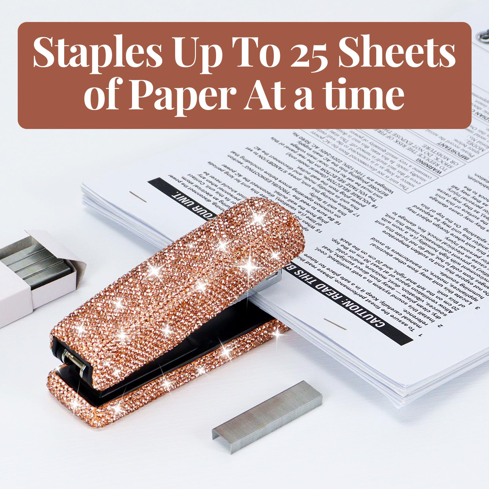 Multibey Agrafeuse de bureau à strass avec 2 000 agrafes argentées, capacité de 25 feuilles, agrafeuse de bureau élégante et accessoire de bureau éblouissant pour femme (or champagne)