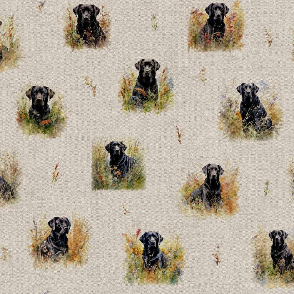 Cotton Rich Linen Look Fabric Black Labrador Retriever Dog Upholstery (Sold Per Metre)