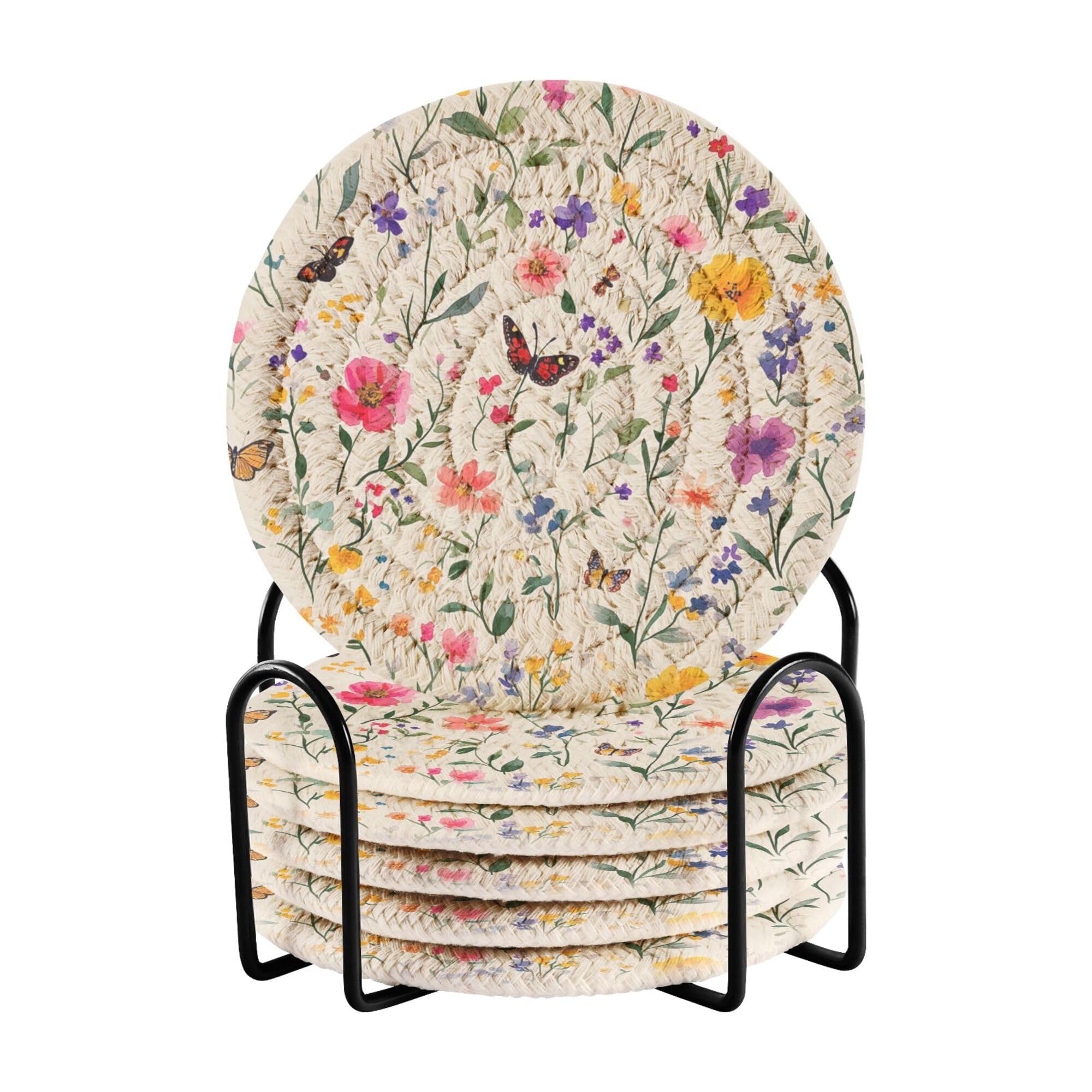 Summer Flowers Rose Butterflies Cotton Rope Drink Coasters Absorbent Set of 6 with Holder Coasters