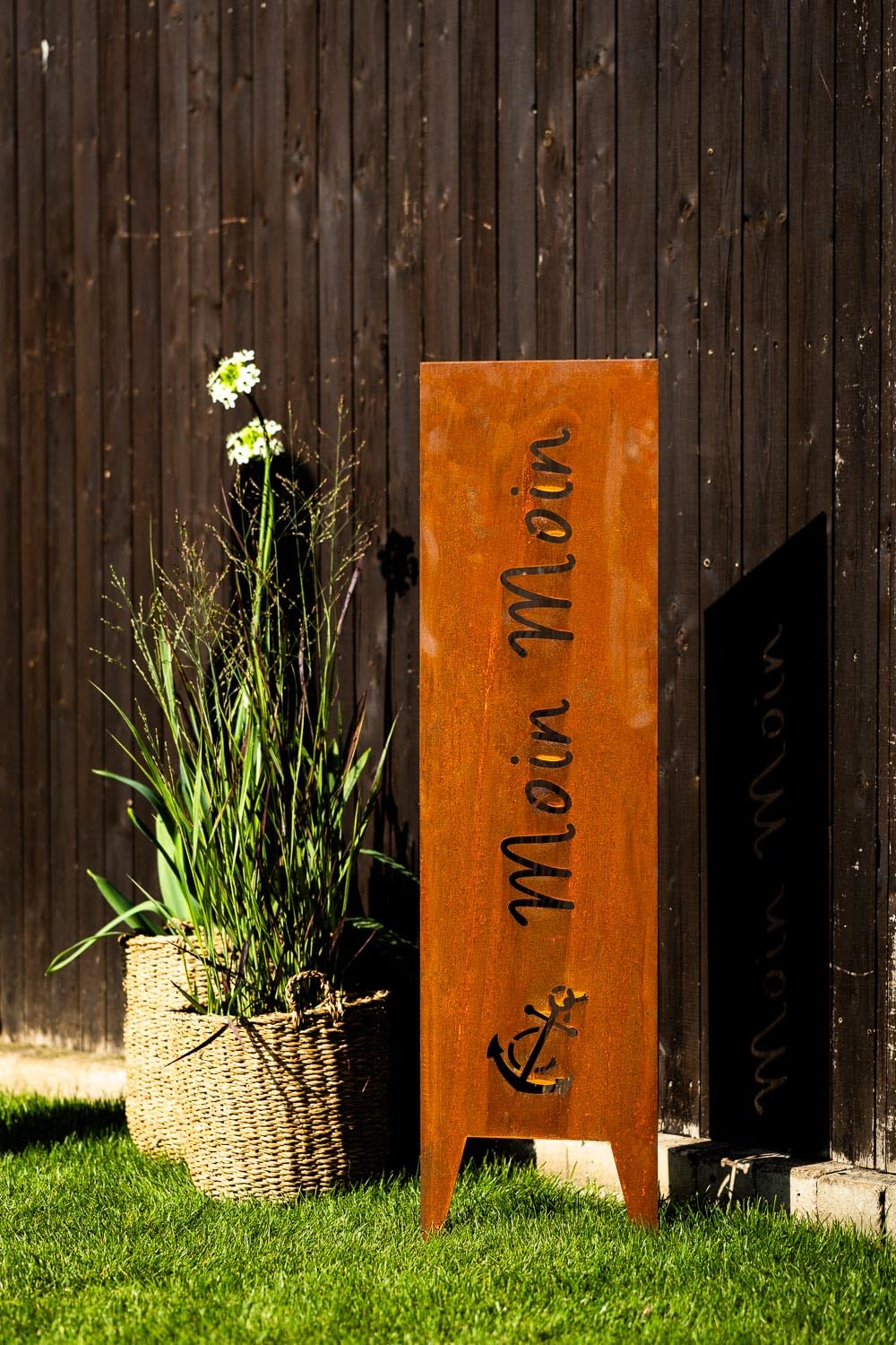 Schild Gartenschild Tafel Steckschild Sichtschutz Edelrost Rost zum Einstecken rostige Gartendeko Blumen Dekoration Beetstecker Gartenstecker Moin Moin