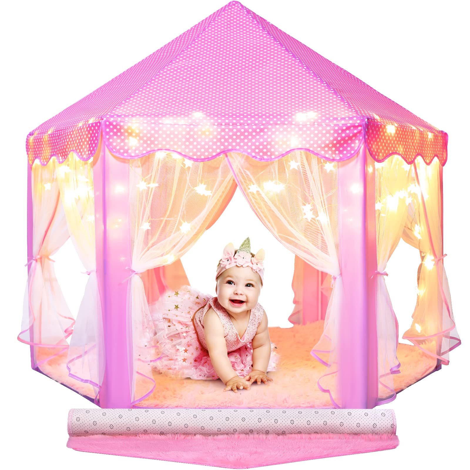 Wilwolfer Princess Tent for Girls Kids Play Tent with Star Lights and Rug Kids Playhouse Indoor and Outdoor Toys for Toddlers Tent