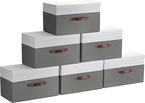 Miniatura 1 de Ornavo Home Paquete de 6 contenedores de almacenamiento plegables con tapa, cesta de almacenamiento plegable de tela de lino, organizador de armario