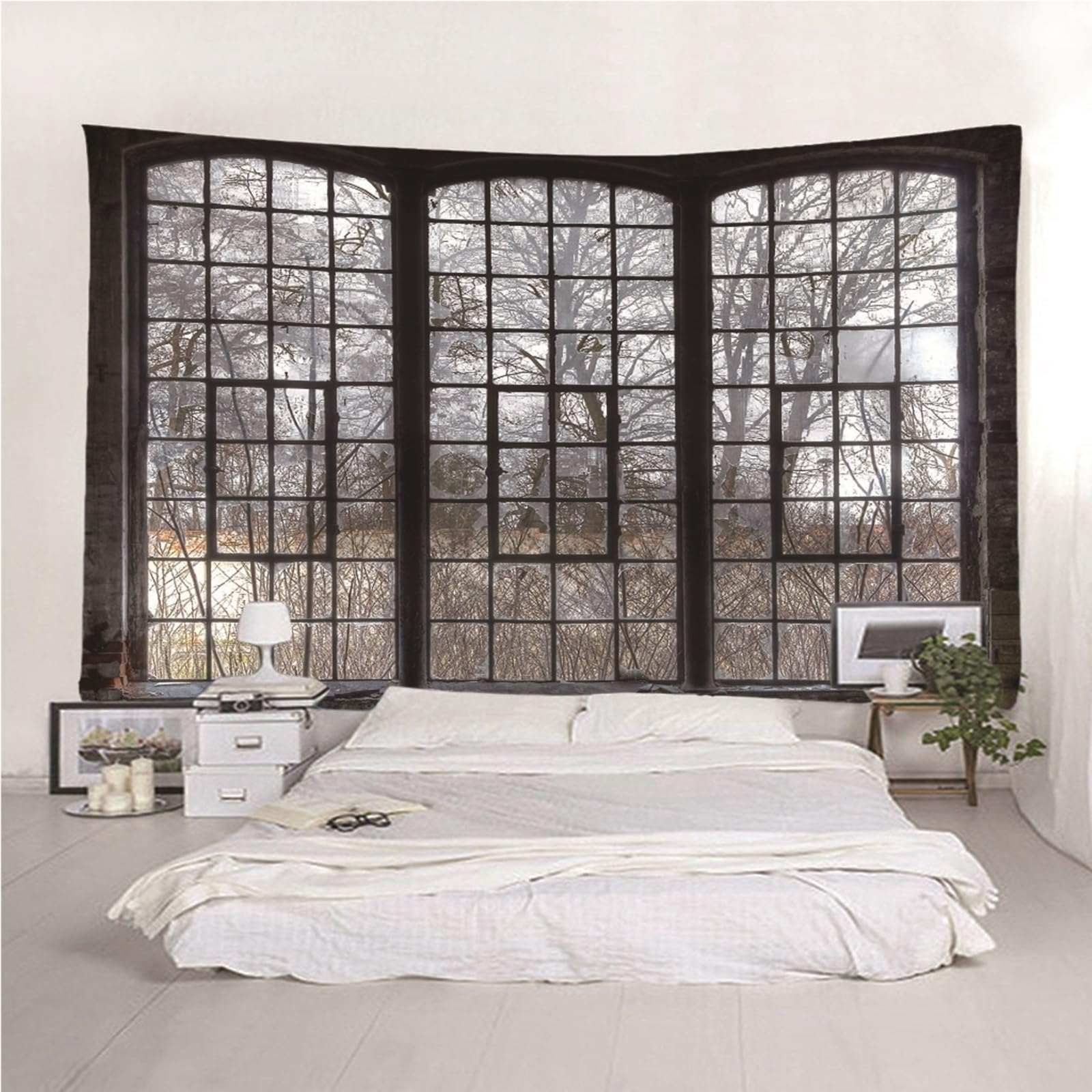 Lieson Wandteppich Fenster und Baum, Wandtuch Grau Wandbehang für Wohnzimmer Wohnheim Heimdekoration, 260x240CM