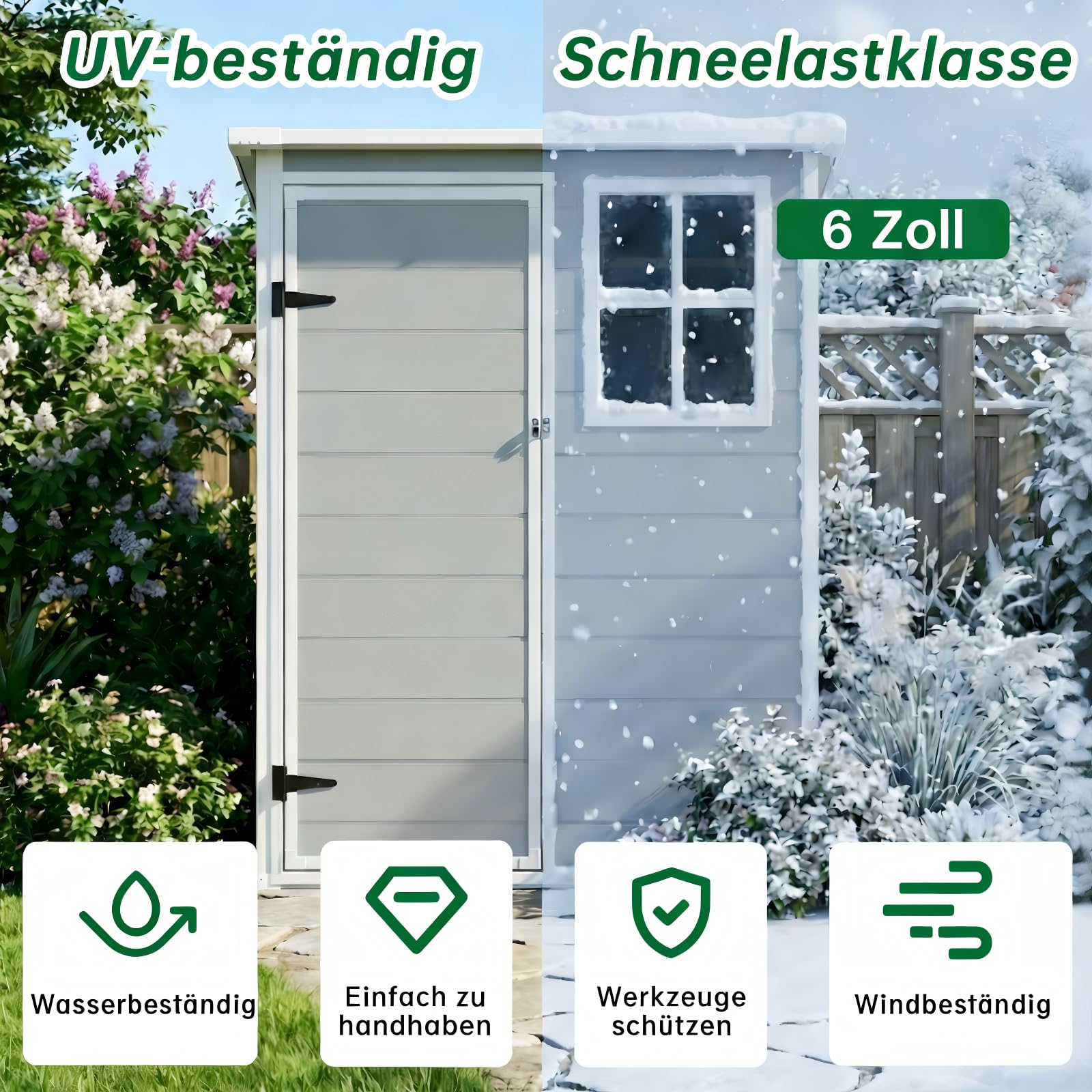 Kunststoff Gerätehaus mit Boden, 138x110.5x182 cm, wetterfestes Gartenhaus mit Fenster & abschließbarer Tür – ideal für Garten, Terrasse, Hinterhof & Werkzeuge