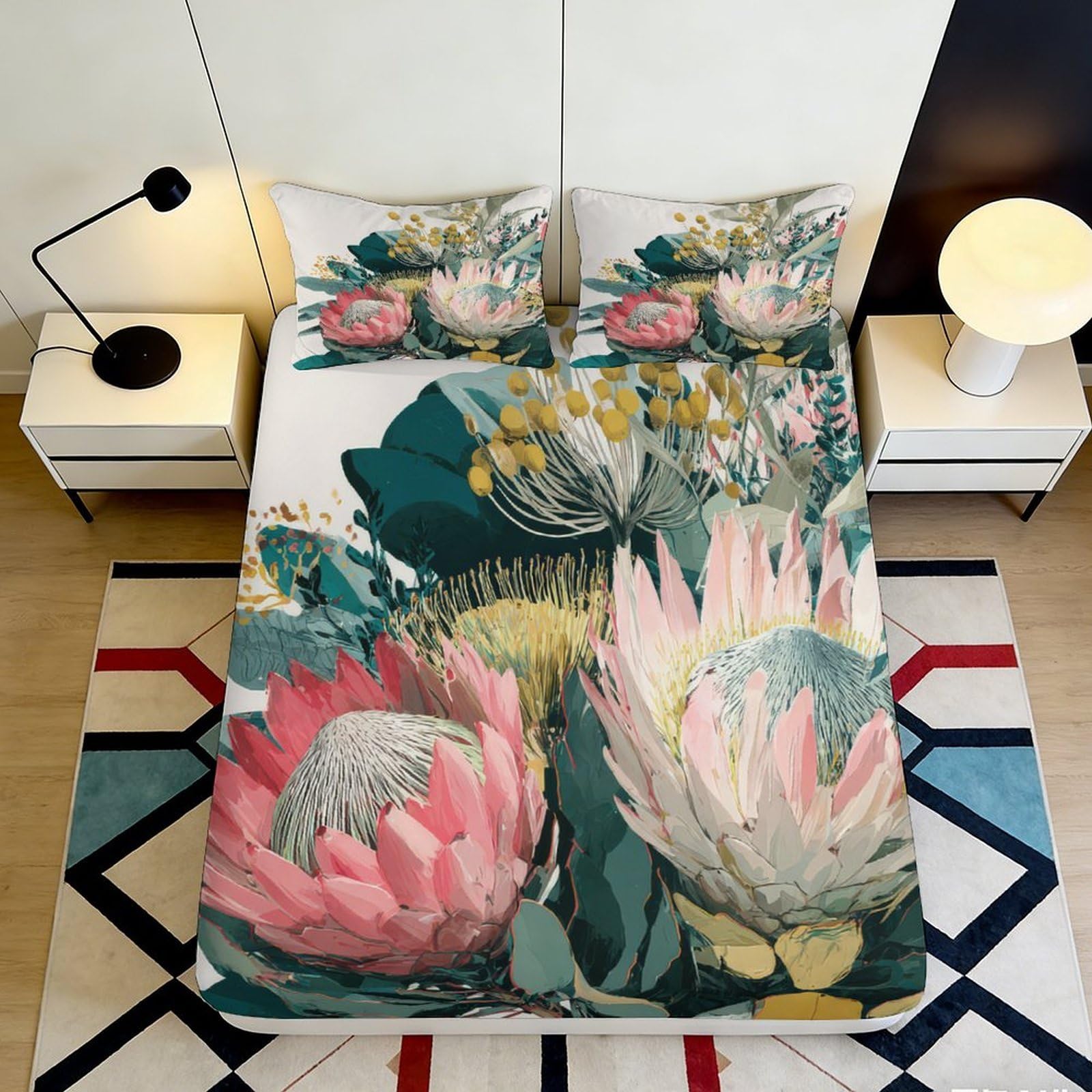 3D Printed Protea Floral Fitted Sheet Microfiber Soft Touch Botanical Mattress Cover for Bedroom Guest Room Decor 90x200x25cm