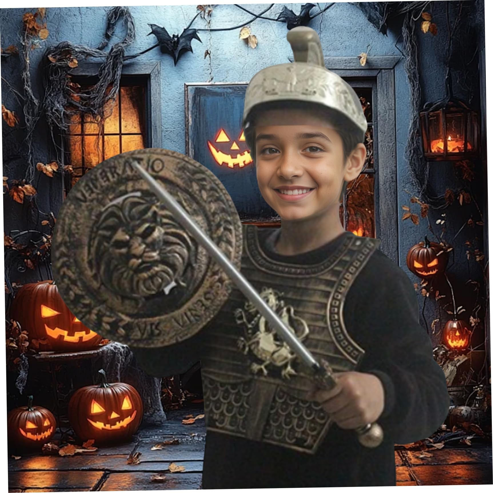 Costume da cavaliere per bambini, modello drago, armatura da cavaliere medievale, include casco, scudo, spada, protezioni per i polsi e armatura per giochi di ruolo cosplay di Halloween, 5 pezzi