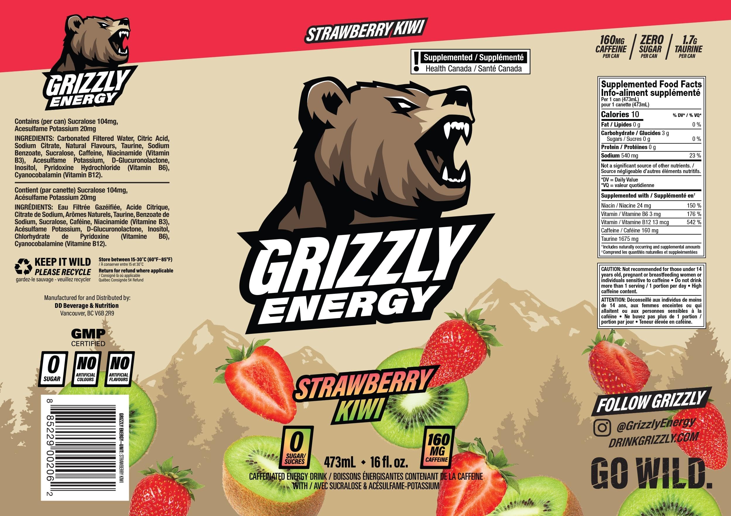 Amazon.com : GRIZZLY Energy Drink Strawberry Kiwi Taurine B