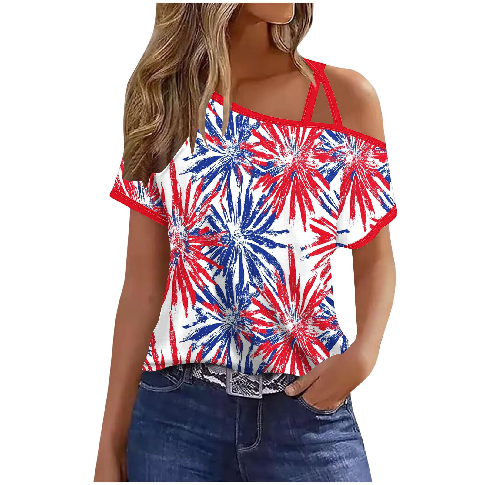 Cold Shoulder July 4Th Shirts for Women American Red White Blue Star Stripes 4 Day T-Shirt American Flag Pride Blouse