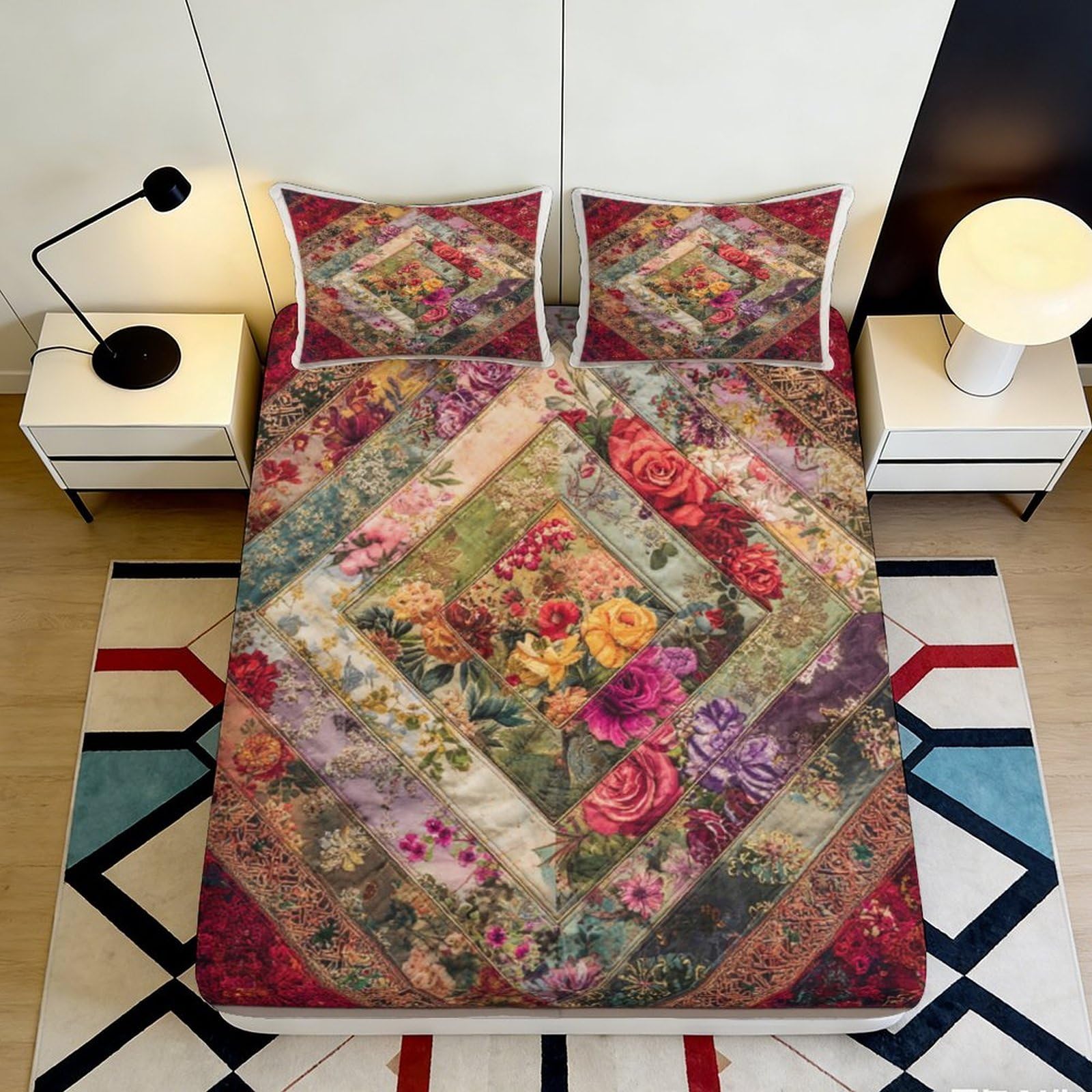 3D Printed Floral Patchwork Fitted Sheet Microfiber Elastic Hem Bedroom Bedding Deep Pocket Floral Mattress Fitted Cover Washable for Home 140x200x25cm