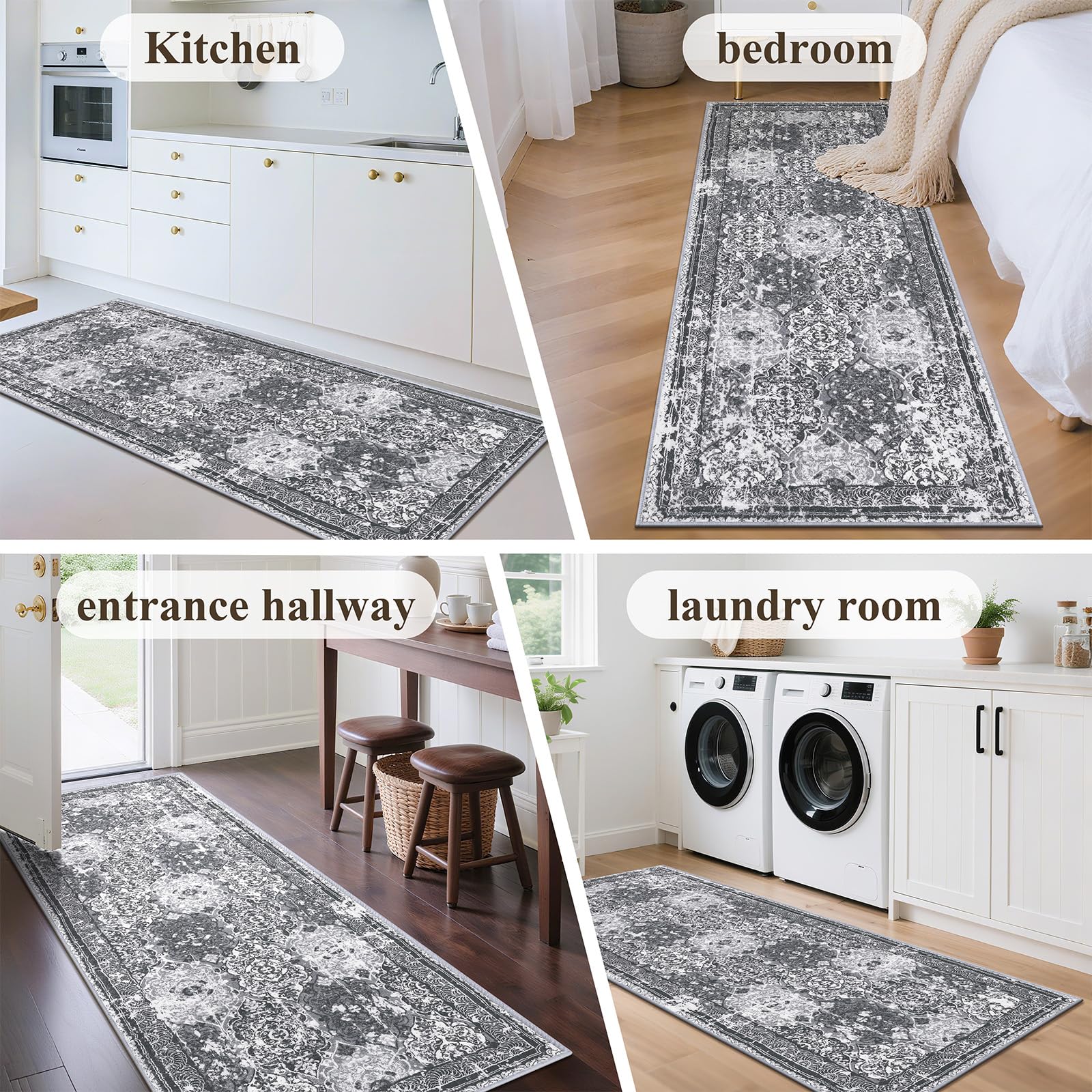 Enyhom Teppich Läufer 80 x 300cm Boho rutschfest Langer Vintage Boho Teppich Küche Hochwertig Läufer Flur Waschbar Flauschig Weich Läufer für Eingang Wohnzimmer, Dunkelgrau