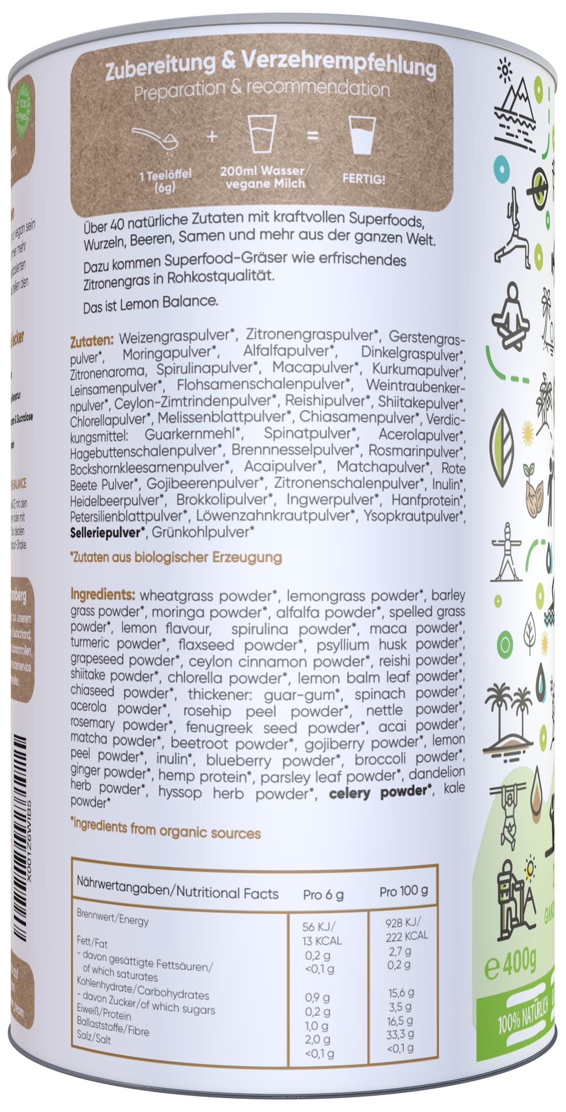 BIO Lemon Balance | Smoothiepulver | 400g | DE-ÖKO-006 | Über 40 Pflanzen wie Weizengras, Zitronengras, Gerstengras | Premiumqualität vom Bodensee | Made in Germany