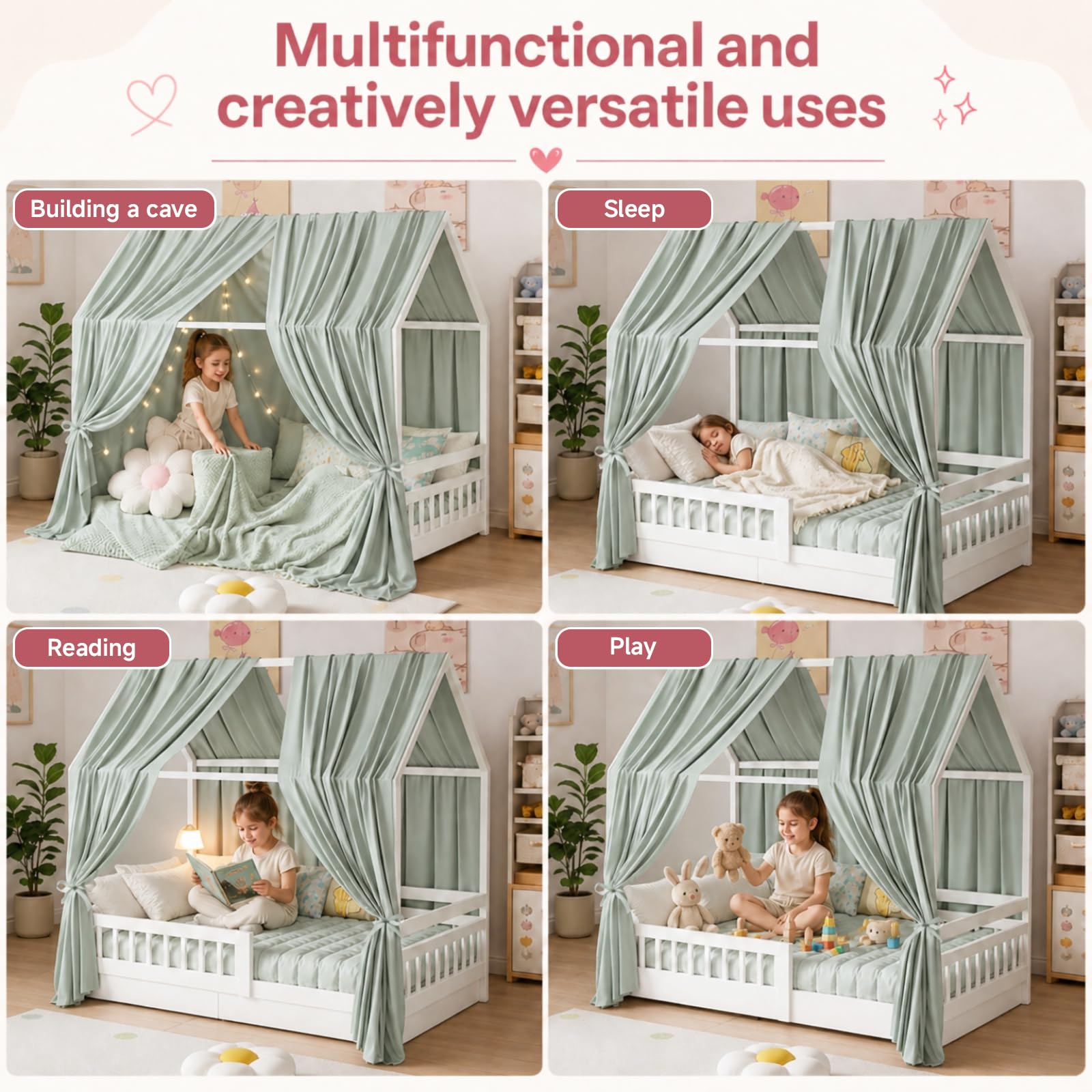 Lot de 2 baldaquins de lit en mousseline douce pour lit de maison, ciel de lit fille et garçon, décoration de chambre d'enfant, 135 x 350 cm, vert clair