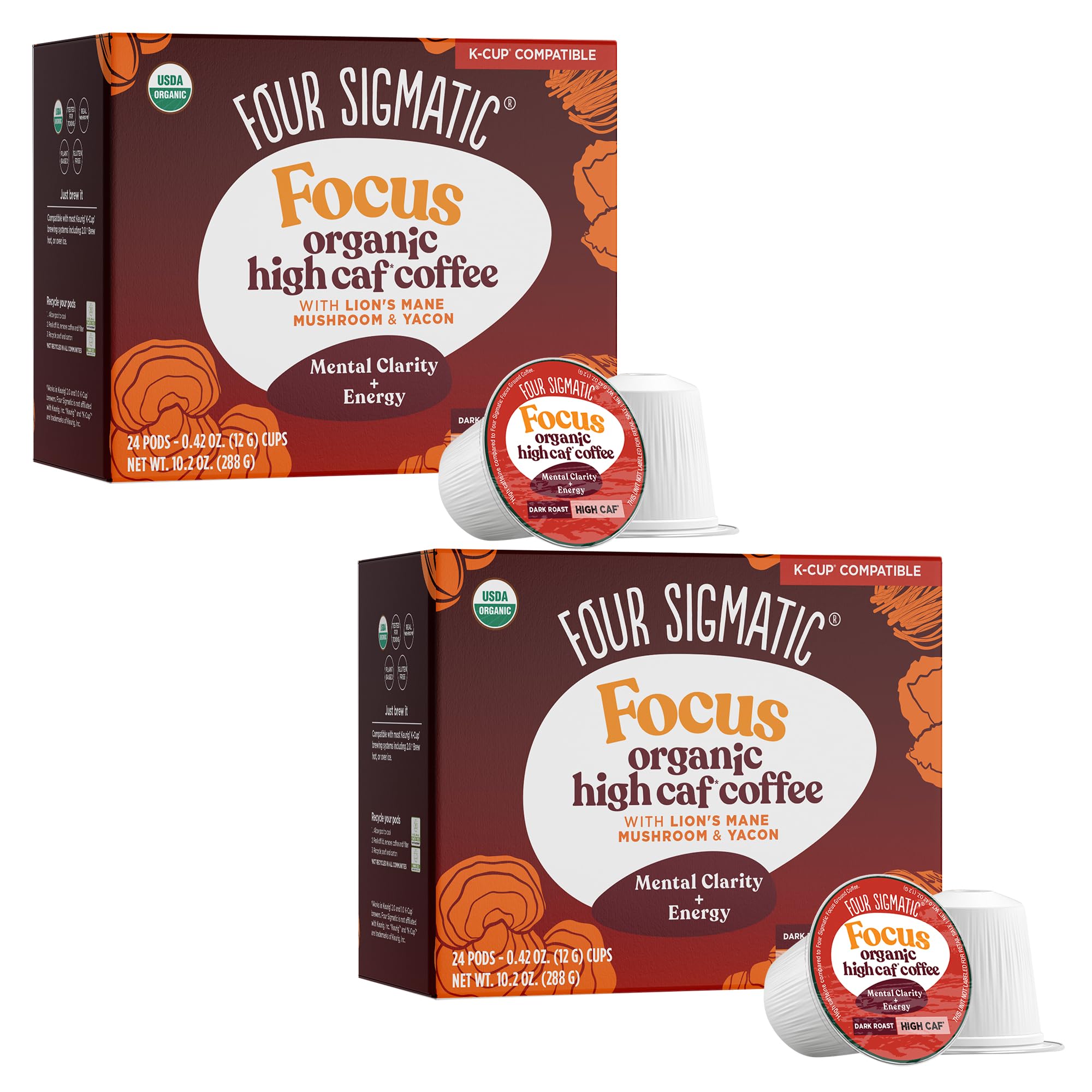 Four Sigmatic High Caffeine Mushroom Coffee K-Cups | Organic Dark Roast Coffee with Lion’s Mane & Yacon | Focus & Immune Support | Vegan & Keto | Sustainable Pods | 48 Count