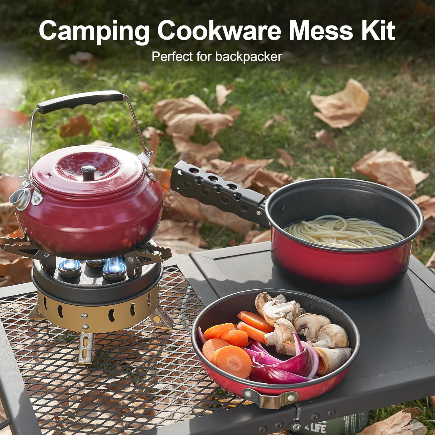 Odoland 5pcs Camping Cookware Non-Stick Camping Pot and Pan Set with Kettle and Removable Handle for Hiking Backpacking and Picnic - Image 3