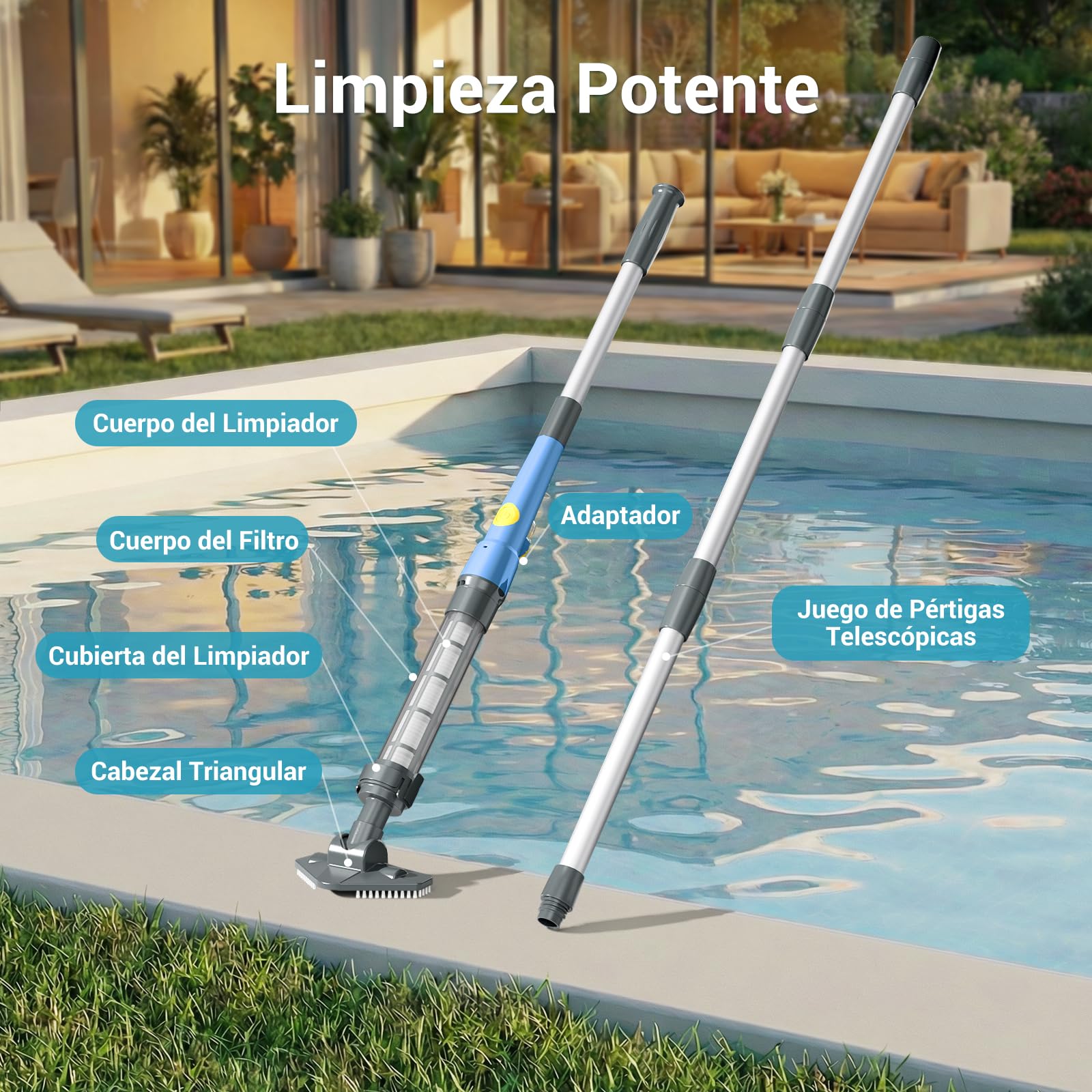 Aspirador de Piscina Inalámbrico 2 en 1, Limpiafondos Piscina Recargable con 60 Min de Autonomía, Succión de 32 L/min, Ideal para Piscinas Desmontables, Piscinas Elevadas, SPA e Hidromasaje