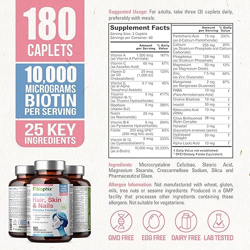 Miniatura 4 de biophix Complejo para el cabello, piel y uñas, 180 cápsulas con 10,000 mcg de biotina, multivitamínico que apoya las uñas fuertes, cabello hermoso y