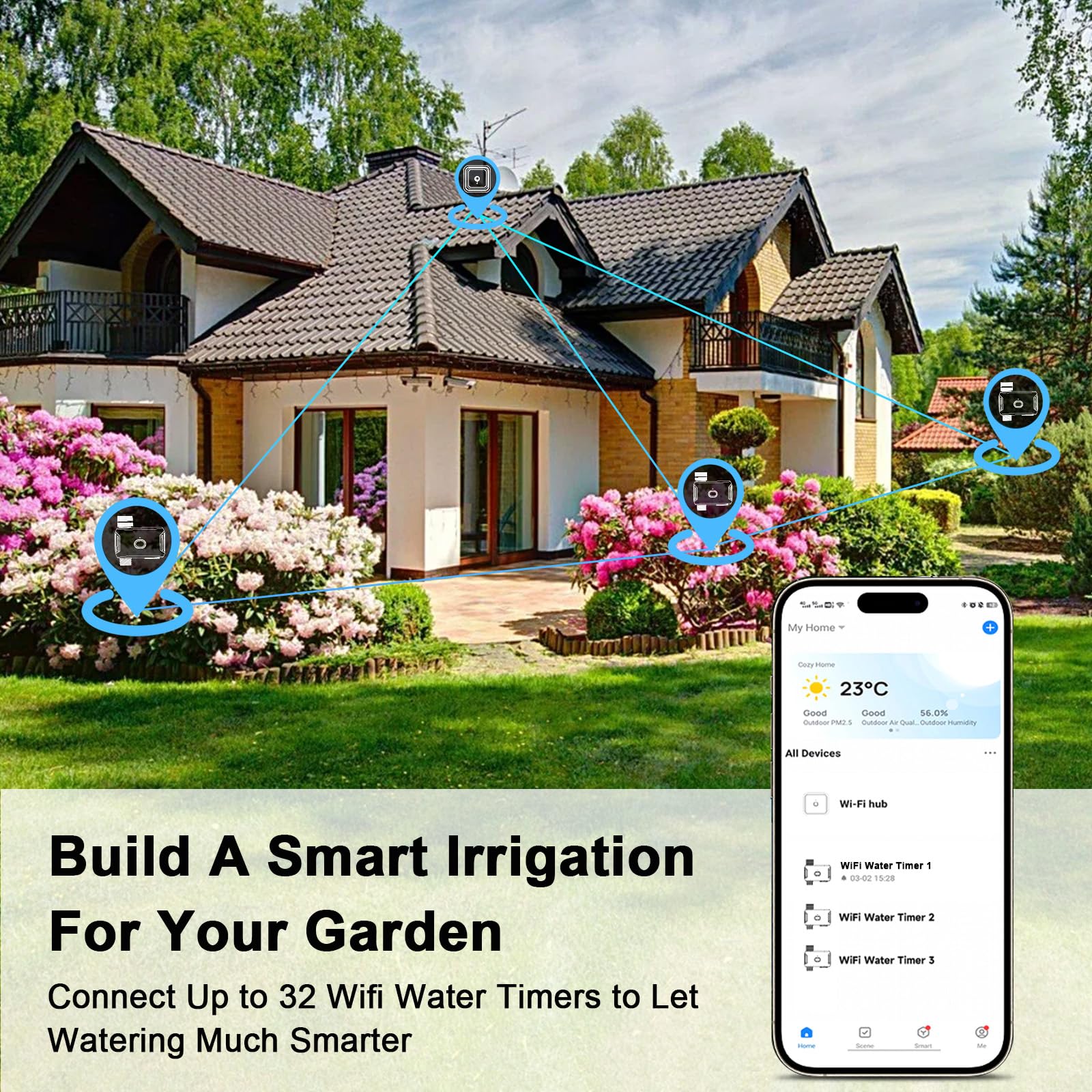 Timer per acqua WiFi con ingresso e uscita in ottone, timer intelligente per rubinetto del tubo da giardino, timer per tubi WiFi con fino a 20 piani di irrigazione, app e controllo vocale, compatibile