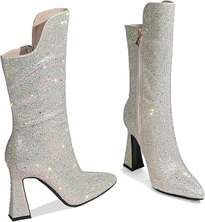 Women's Knee High Boots Rhinestone Wide Calf Boots for Women Pointed Toe Chunky Heel Boots 10.5 cm Sparkly Boots for Women