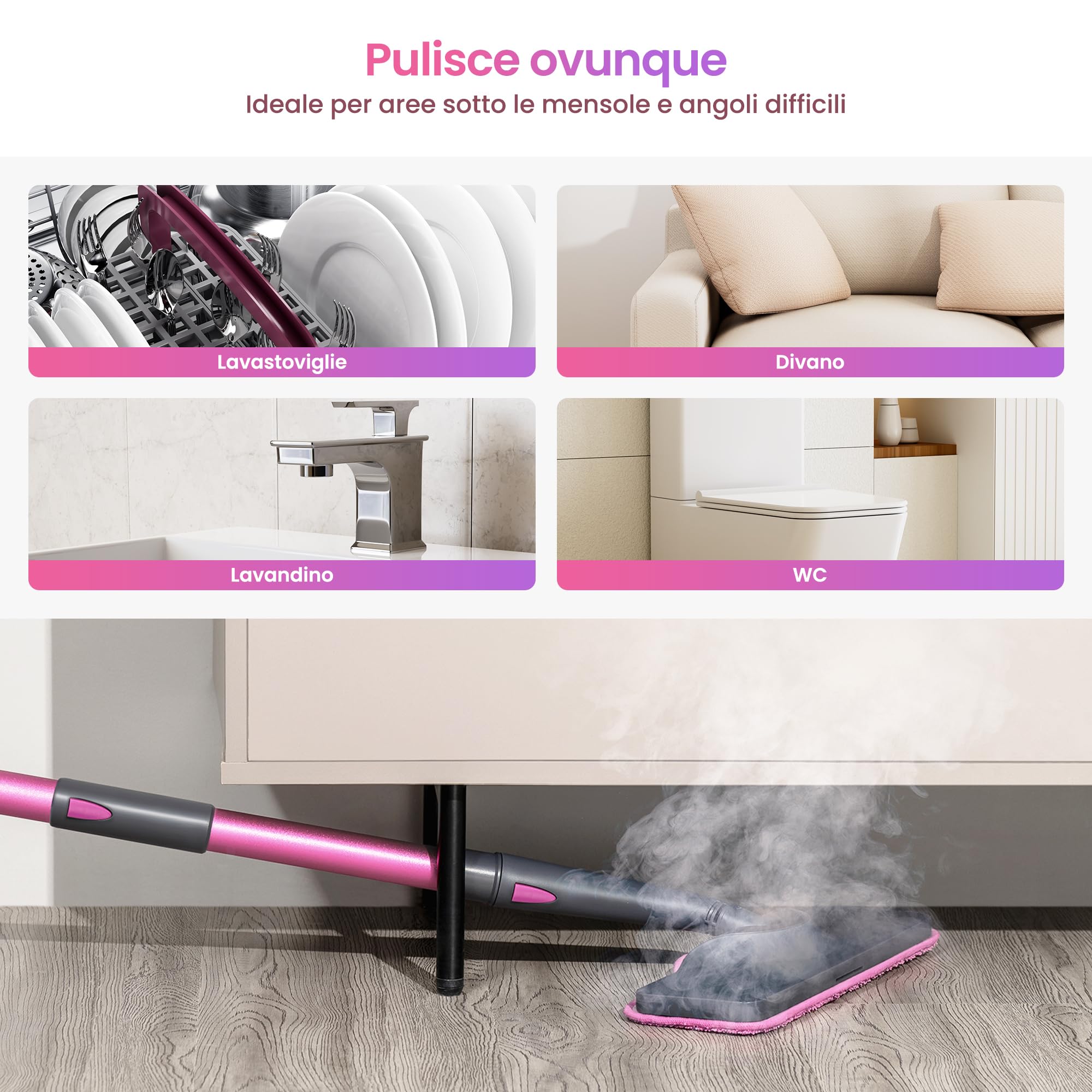 Schenley scopa a vapore 19-in-1 con vaporetto staccabile, design a doppio tubo per pavimenti, piastrelle, pareti e fughe, completo di accessori