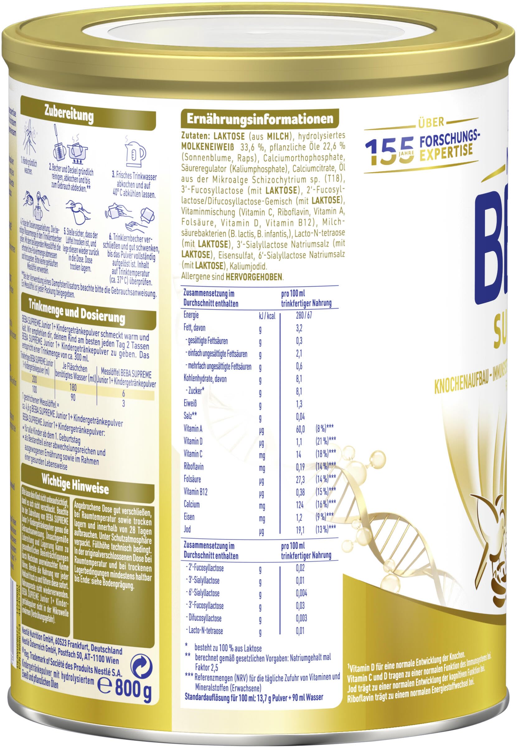 BEBA SUPREME JUNIOR 1 Plus - Kindergetränk ab dem 1. Geburtstag, Mit 6 HMO Komplex, Nur Laktose, Ohne Palmöl, Ohne Fischöl, Kleinkindnahrung, Baby-Milchpulver, 6er Pack (6 x 800g)