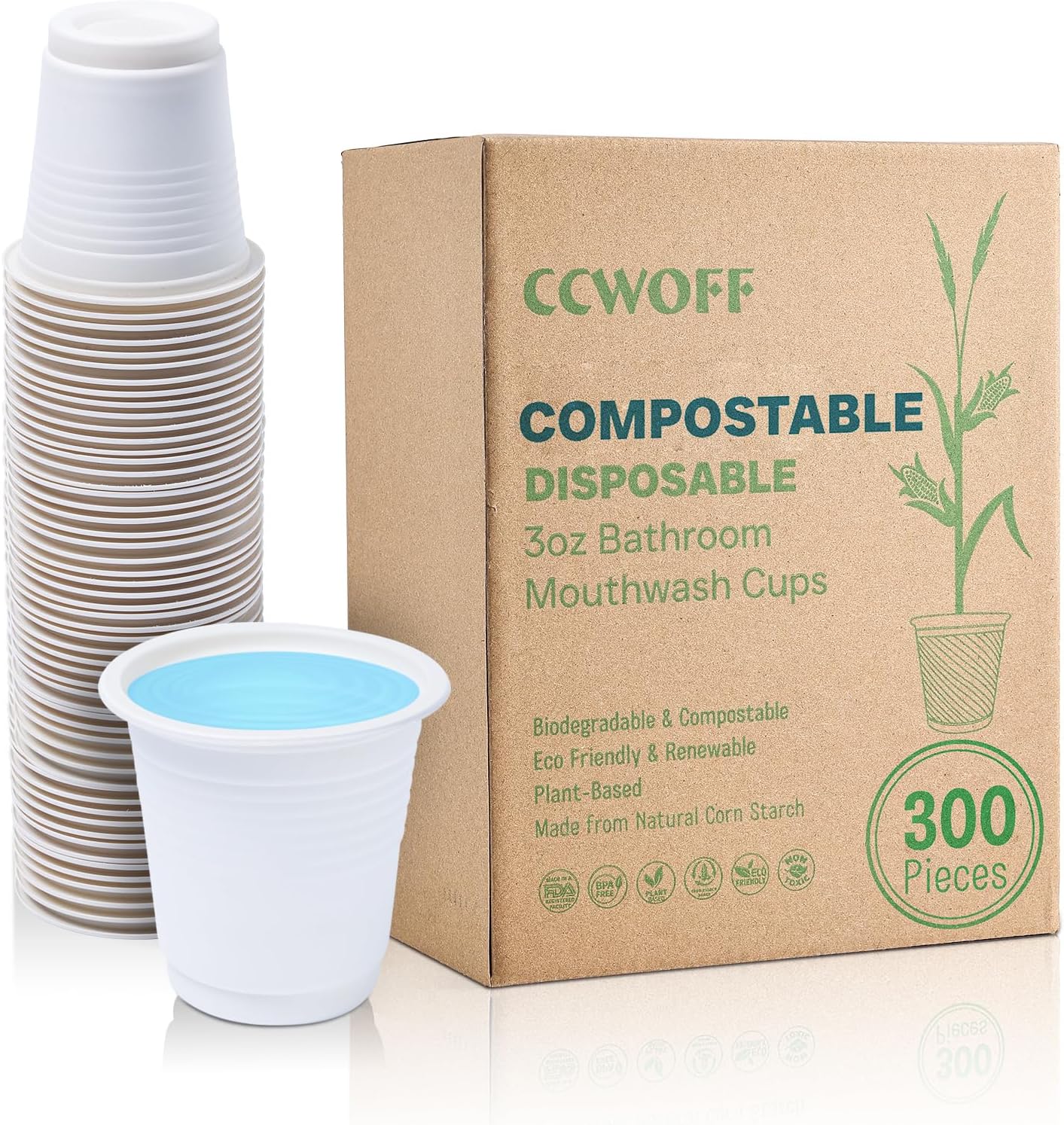[300 Pack] 3 oz Bathroom Cups, 100 Compostable Cups, Biodegradable Eco Friendly Cups, Mouthwash