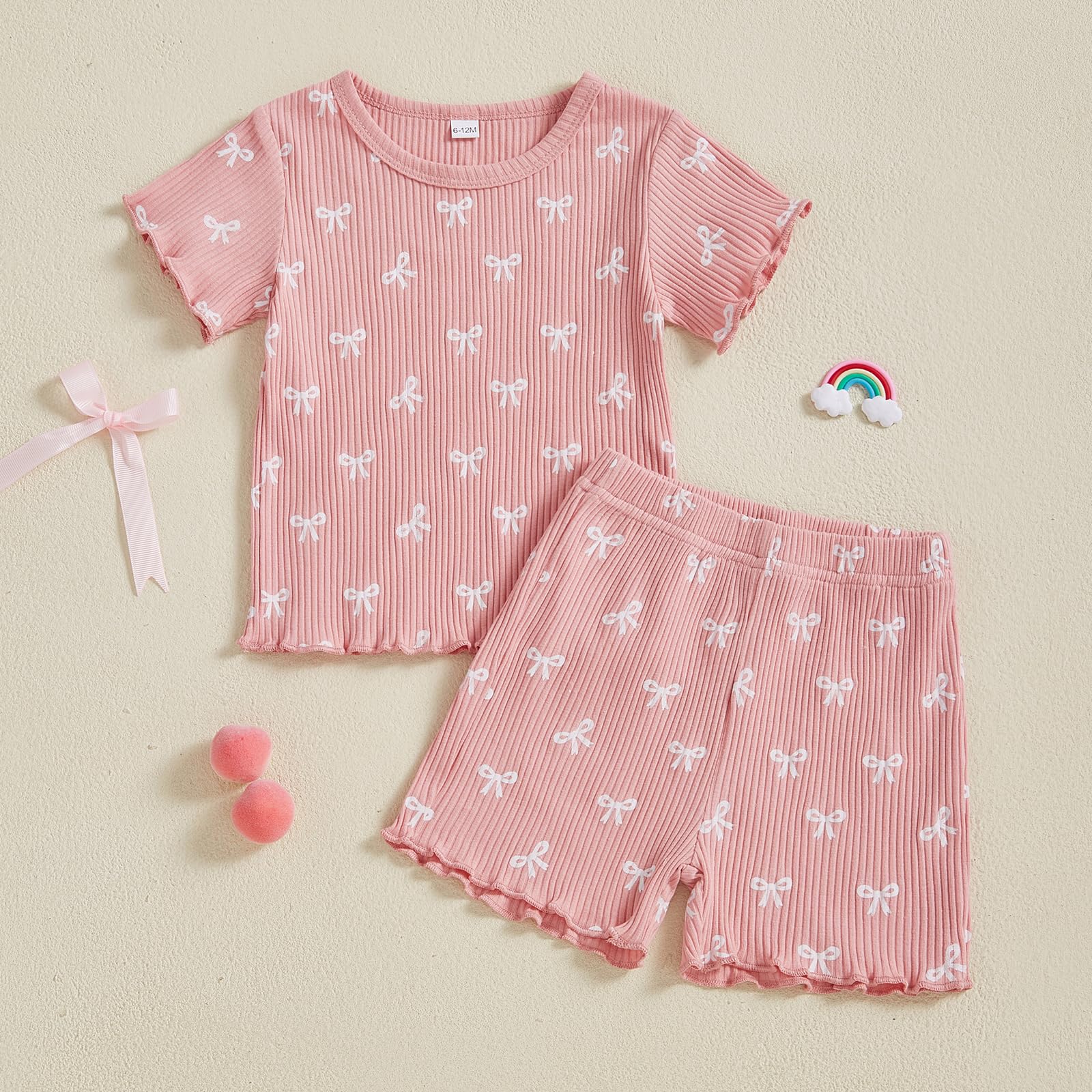 ZAXARRA Toddler Girl Bow Ribbed Outfit Ruffle Short Sleeve T-shirt Shorts 2 Piece Spring Summer Cute Casual Clothes Set (Pink2, 2-3T)