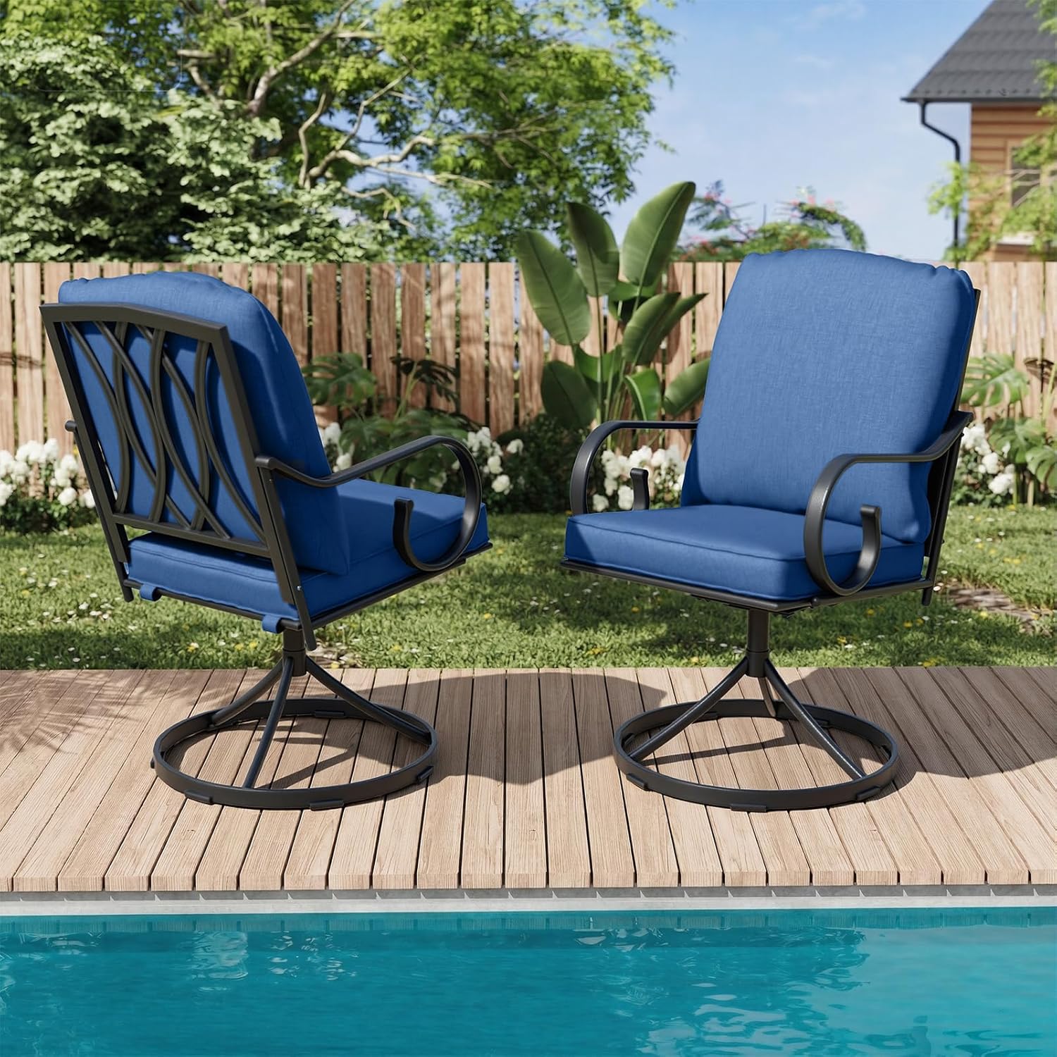 MELLCOM Patio Swivel Chair Set of 2, Outdoor Dining Chairs with Thickened Cushions, Metal Patio Chairs Gentle Rocker for Outside, Garden Lawn & Porch, Blue