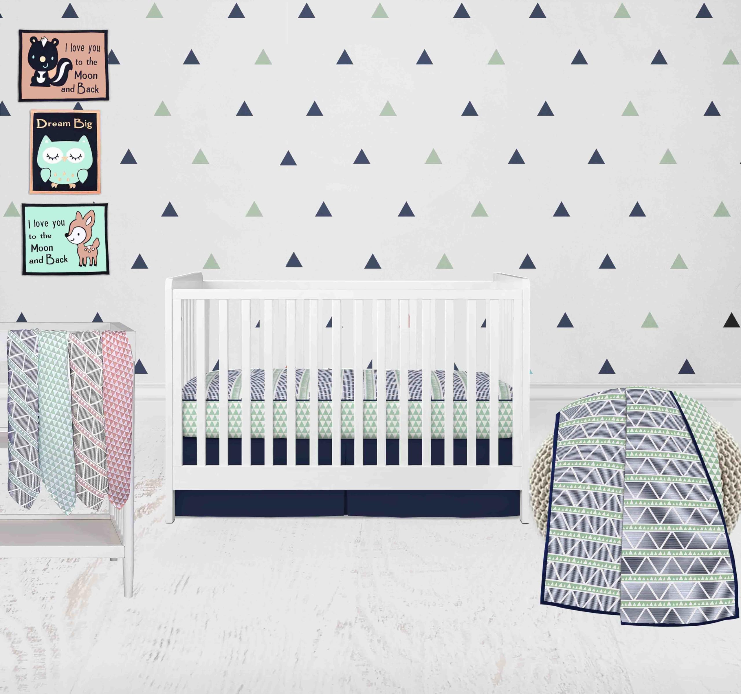 Bacati - 100 Percent Breathable Cotton Muslin/Percale 10 Piece Nursery Baby Crib Bedding Set for Boys/Girls Including 4 Swaddling Blankets US Standard Crib (Aztec Mint/Coral/Navy)