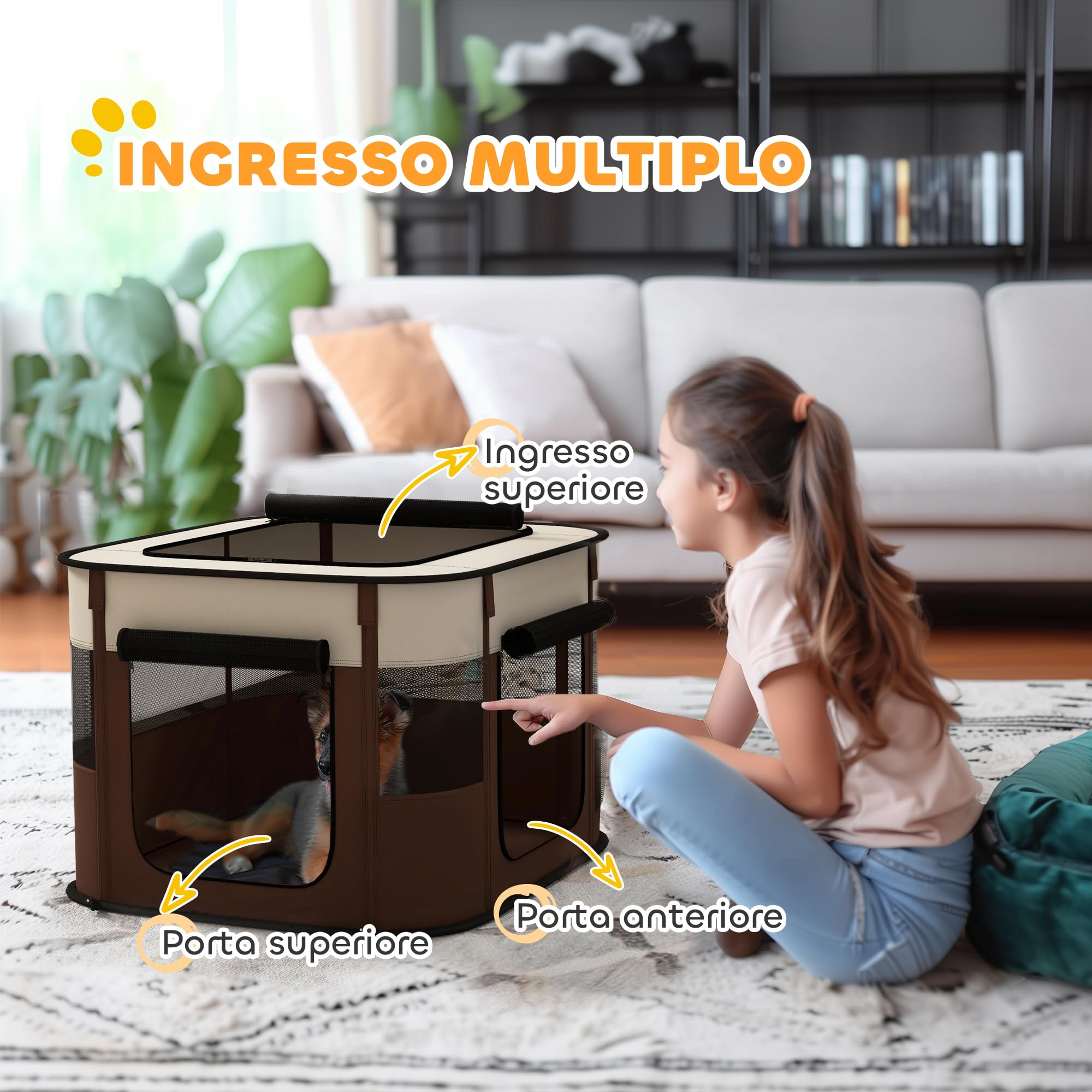 PawHut Box per Animali Domestici con 6 Finestre, 3 Porte e 2 Borse Portaoggetti, Recinto per Cani in Tessuto Oxford e Acciaio, 74x60x45 cm, Marrone