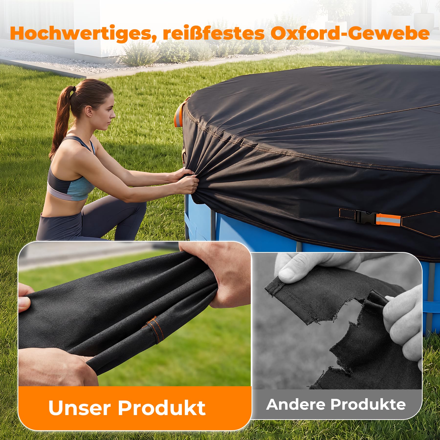 Poolabdeckung Rund, Sommer-Poolplane aus hochwertigem Oxford-Gewebe für runden Aufstellpool, mit Steckschnallen & Kordelzug, Ø 305cm (10FT)