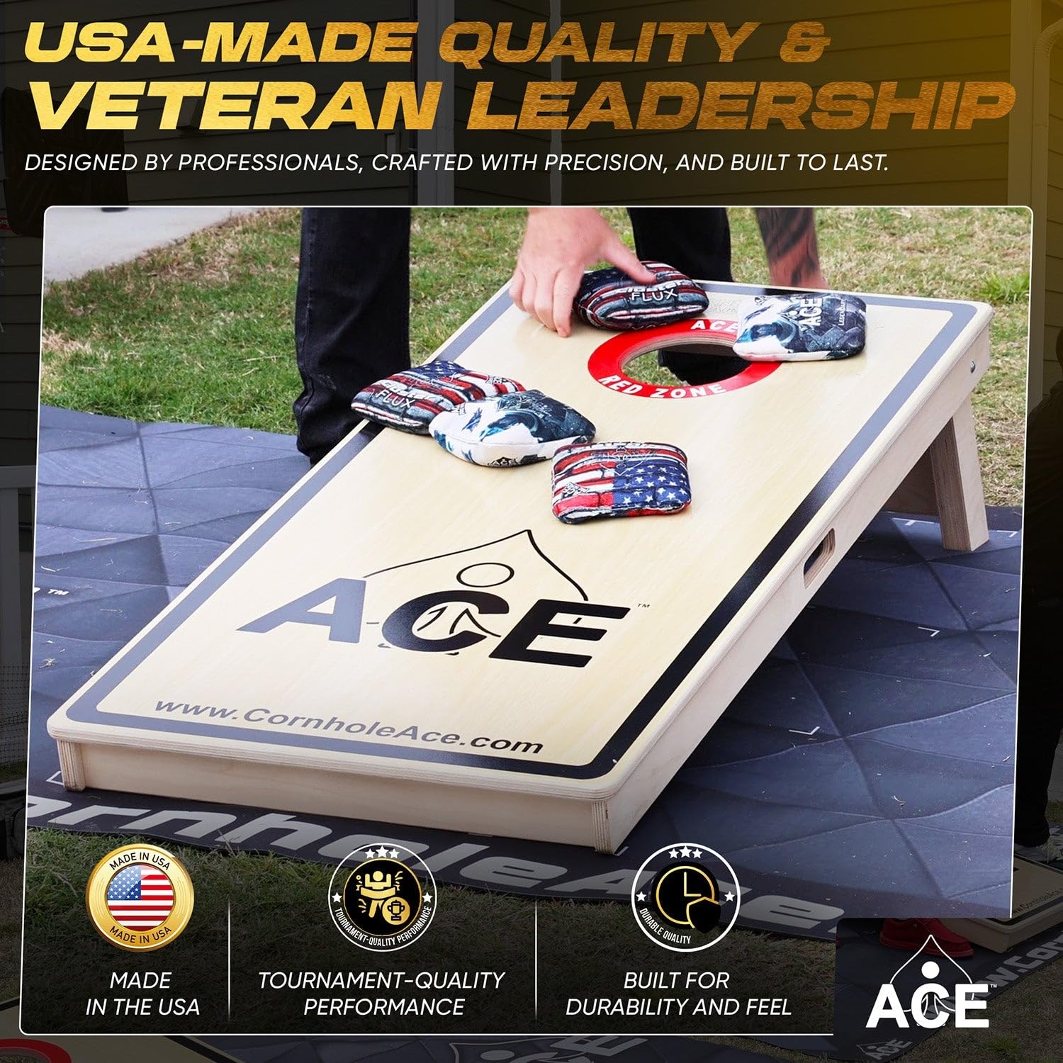 CornholeAce Pro Beast Cornhole Bags (Set mit 4 Stück) | Fischgrätenstoff, wasserdicht, mit Kunststoffharz gefüllt, doppelseitig, professionell, reguläre Größe, 15,2 x 15,2 cm, 473 ml, hergestellt in