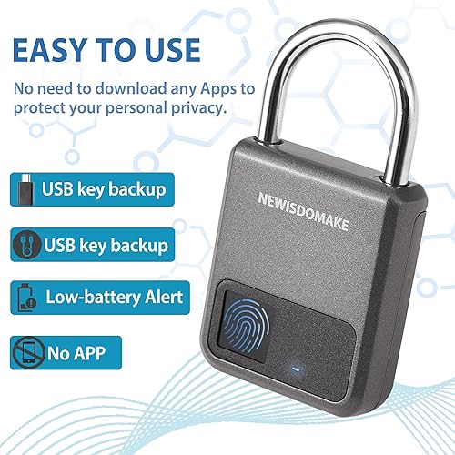 Miniatura 3 de Candado de huellas dactilares, candado inteligente con soporte de carga USB, bloqueo de huellas dactilares, bloqueo biométrico adecuado para