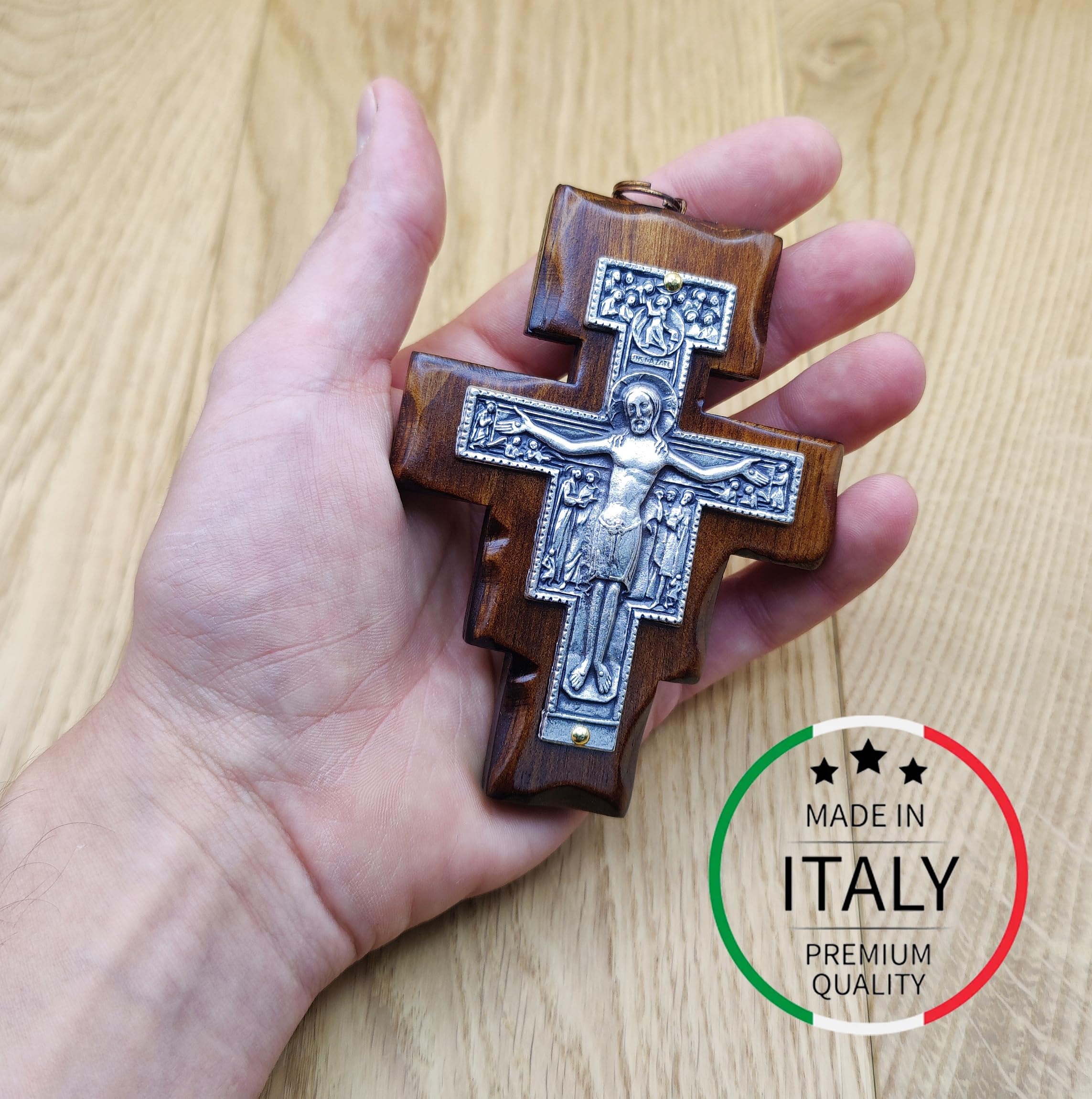 Crocifisso da Parete - Croce San Damiano - Artigianale Made in Italy Cristo e INRI Placcati Argento 999 - Crocifissi da Parete in Legno, Cura e Precisione dei dettagli di Gesù Crocifisso - 10,7X8cm