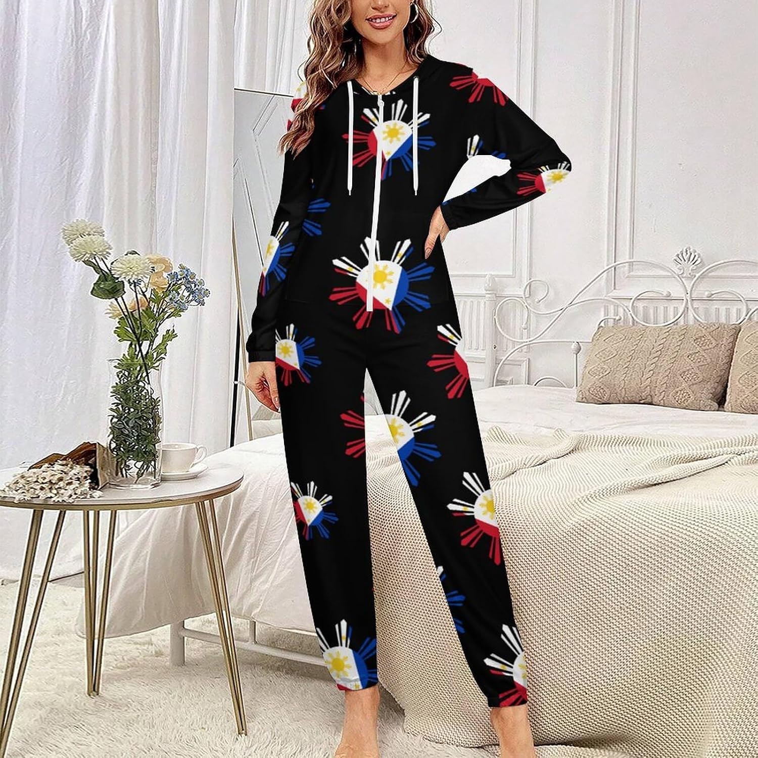 Philippine Sun Flag Adult Pajamas Onesie with Hood Pocket Jumpsuits One Piece Sleepwear