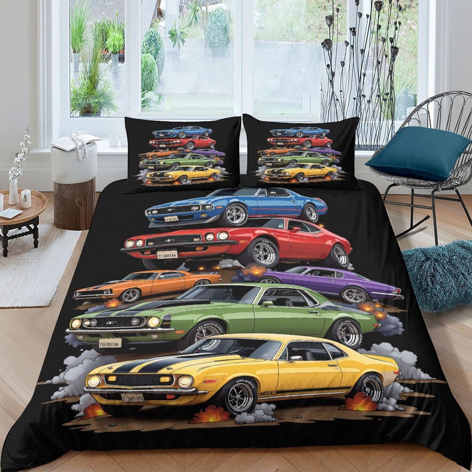 Ctjqhvkz Style-3 3D Printed Classic Muscle Car Fitted Sheet Microfiber Soft Breathable Retro Sports Car Bed Sheet For Bedroom Dorm Decor Single（135X200cm）