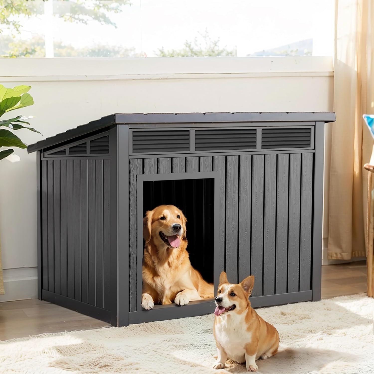 VIXZEN Dog House Outdoor, Indoor Dog House Medium Size Dog with Weatherproof PP Resin Material, Doghouse Outdoor with Openable Roof for Easy Cleaning, Sloped Roof, Air Vents, Easy Assembly (Black)