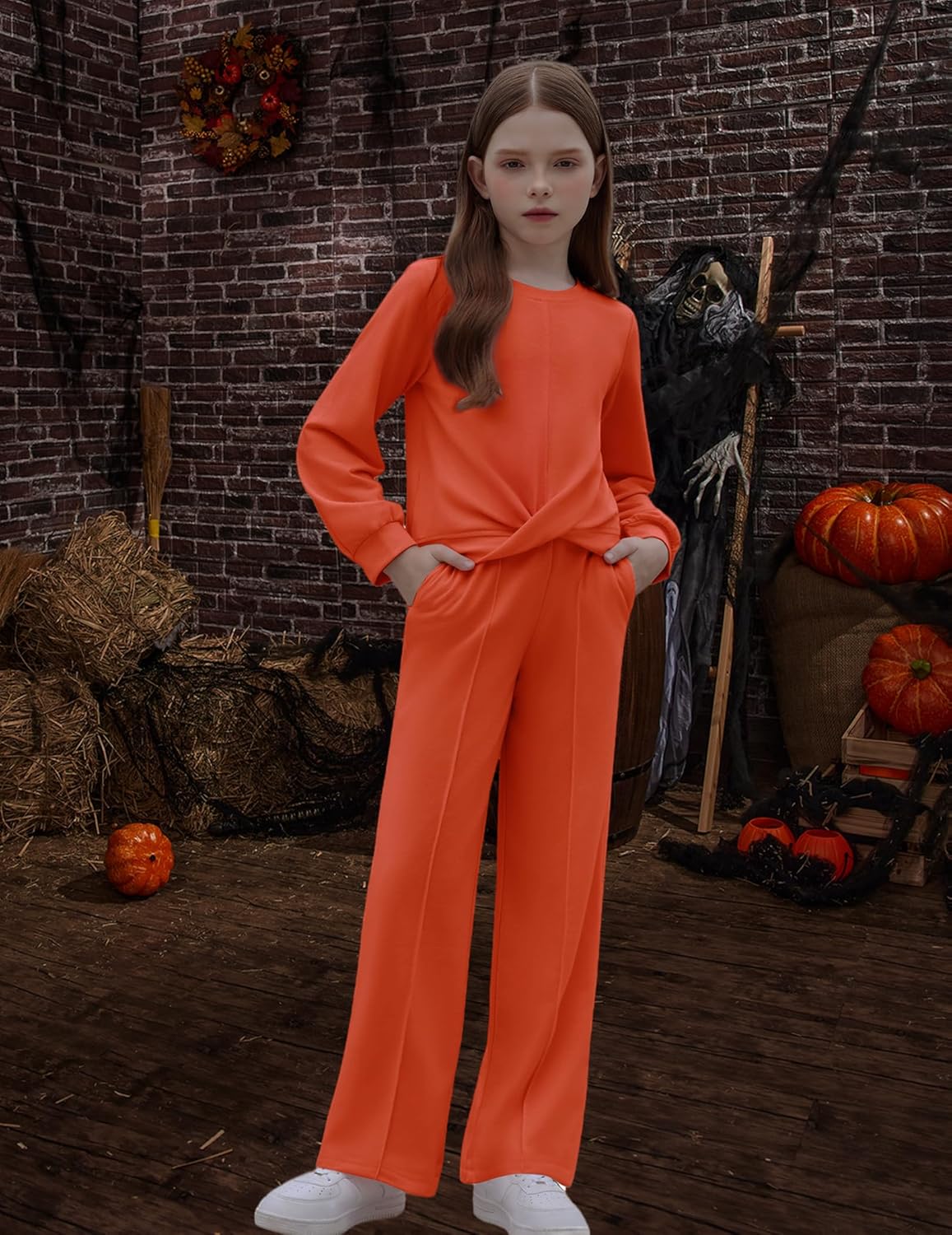 Arshiner Girls 2 Piece Outfits Sweatsuit Set Twist Front Sweatshirt Wide Leg Sweatpants Tracksuit with Pockets