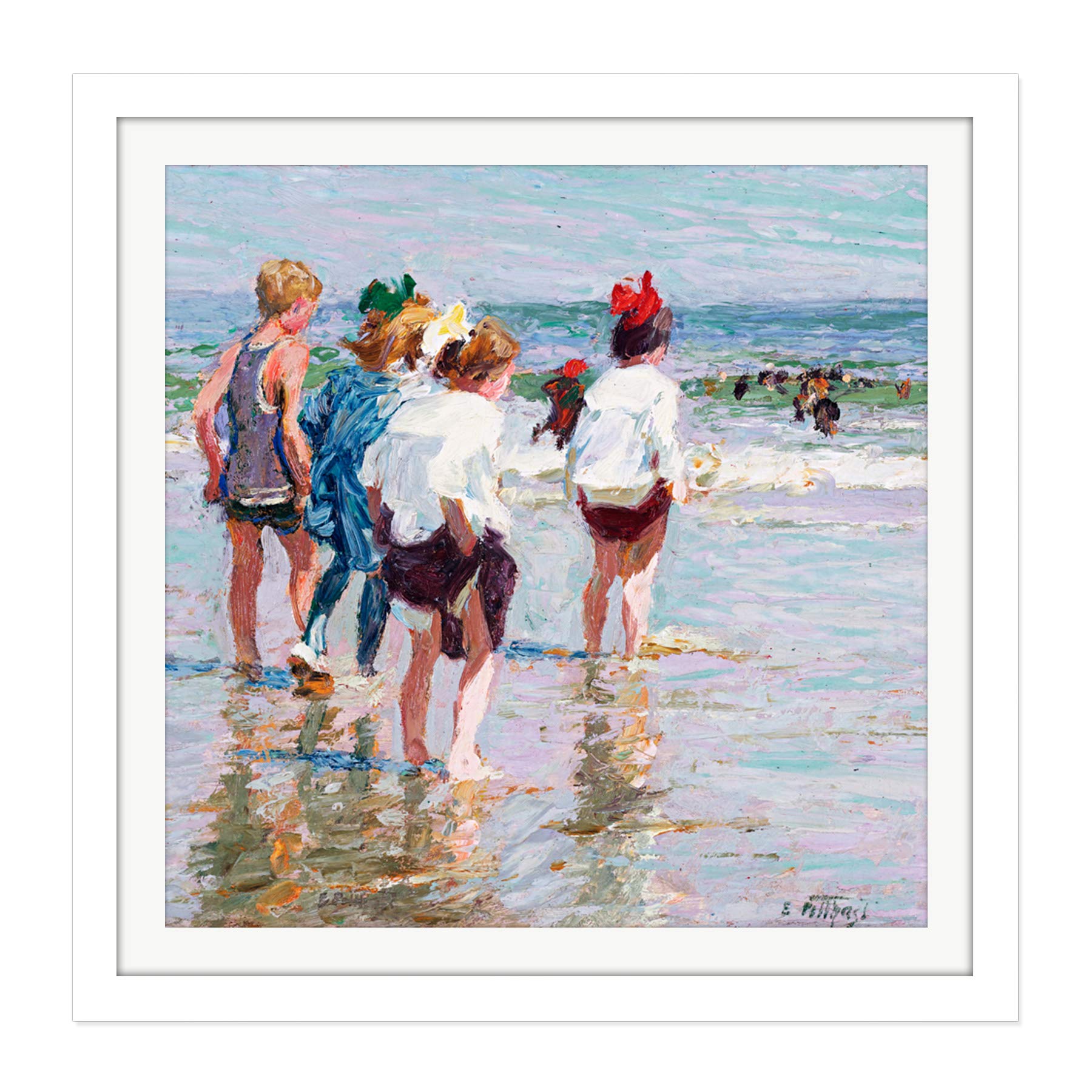 Potthast Summer Day Brighton Beach Painting Square Wooden Framed Wall Art Print Picture 16X16 Inch