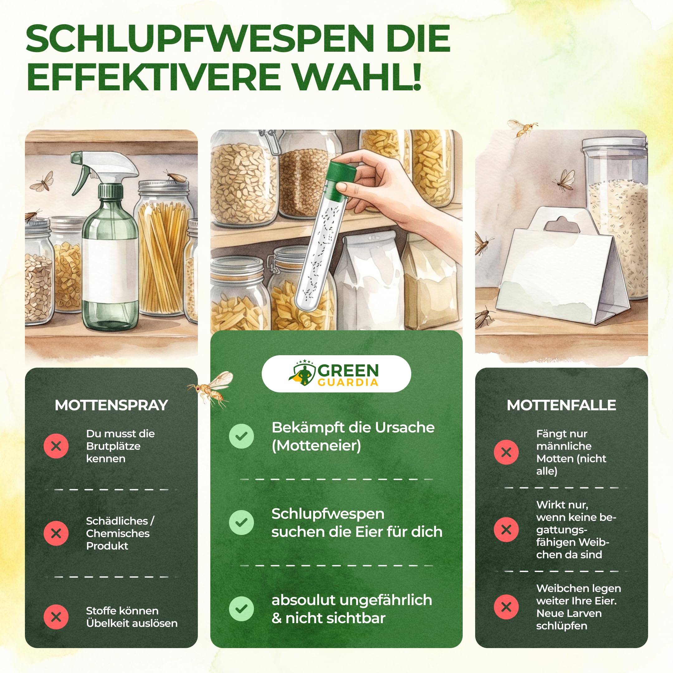 GREEN GUARDIA Brackwespen gegen Lebensmittelmotten - 1x Röhrchen à 40 Nützlinge - Brackis, Habrobracon hebetor, Turbo-Booster zur Mottenbekämpfung
