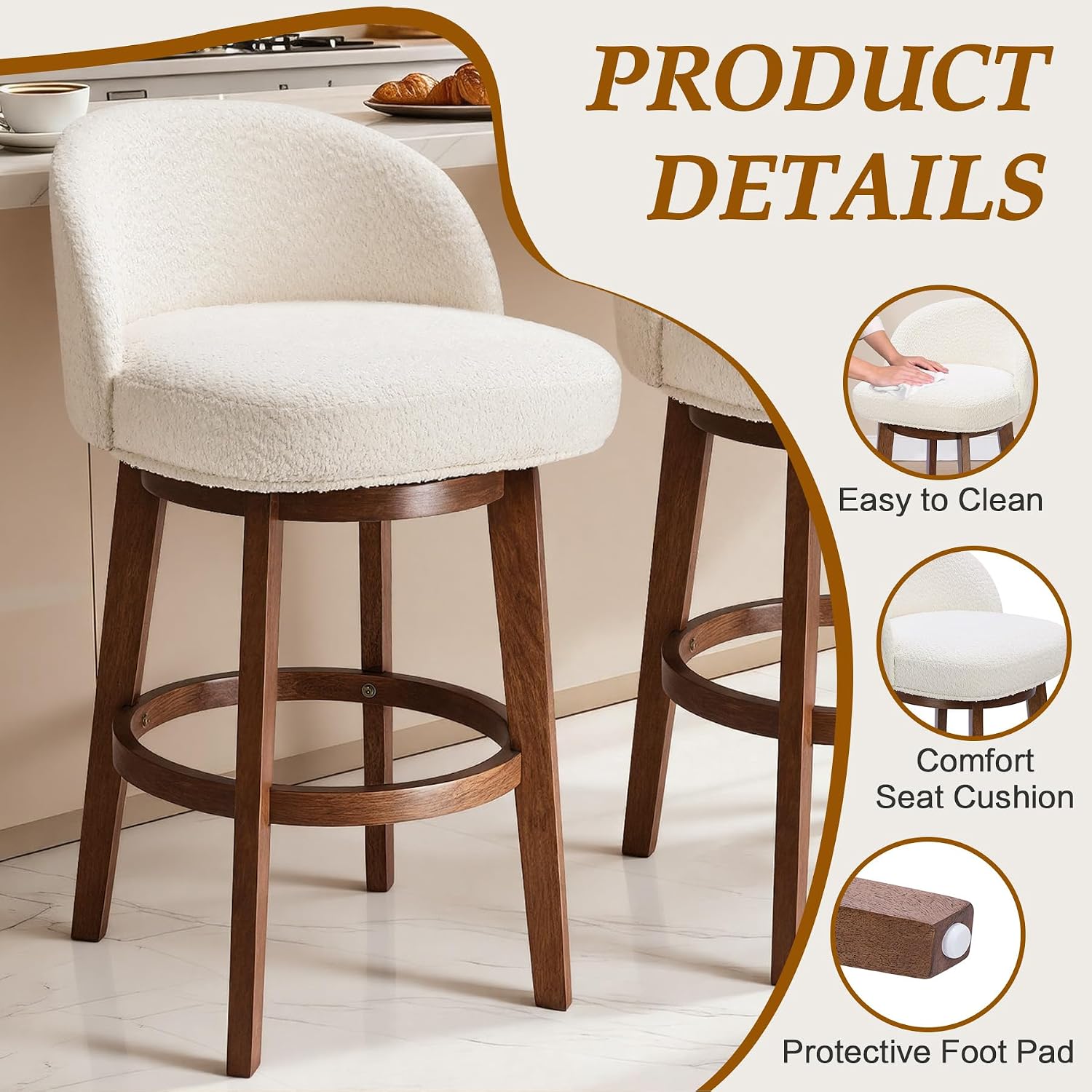 HomeMiYN Counter Height Bar Stools Set of 2, 26” Swivel Barstools with Wooden Legs and Backs, Chenille Upholstered Bar Chairs with Round Footrest for Kitchen Island, Beige