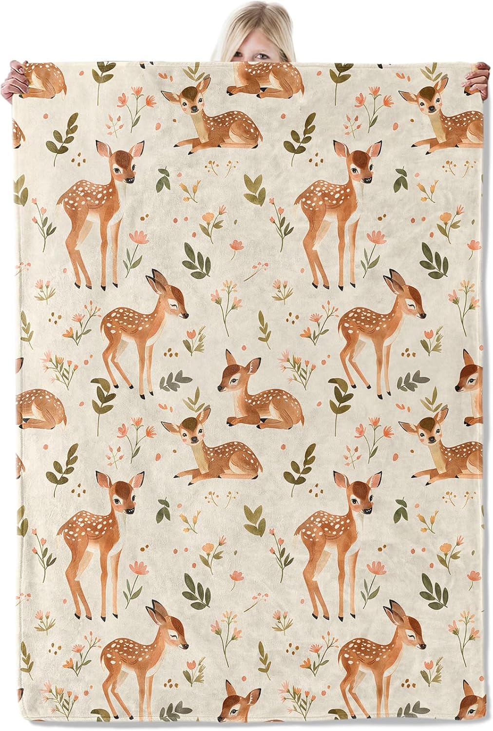 Whimsical Small Deer Blanket 60×80 Inch,Woodland Illustration Style Lightweight Flannel Throw with Autumn Fawn and Wildflower,Neutral Fall Home Decor,Gifts for Girls,Women