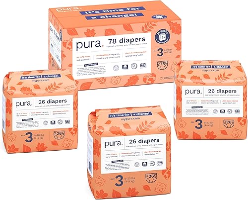 Pura Pañales ecológicos talla 3 (9-20 libras) hipoalergénicos, algodón orgánico suave, sostenible, hasta 12 horas de protección contra fugas,
