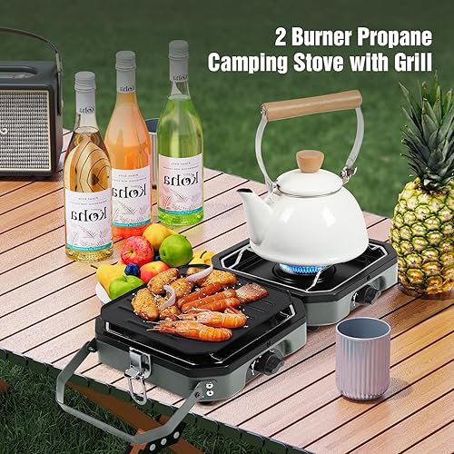 Miniatura 2 de Dollate Estufa de camping de 2 quemadores con bolsa de transporte, estufa de propano portátil de 16000 BTU para camping, estufa de camping plegable