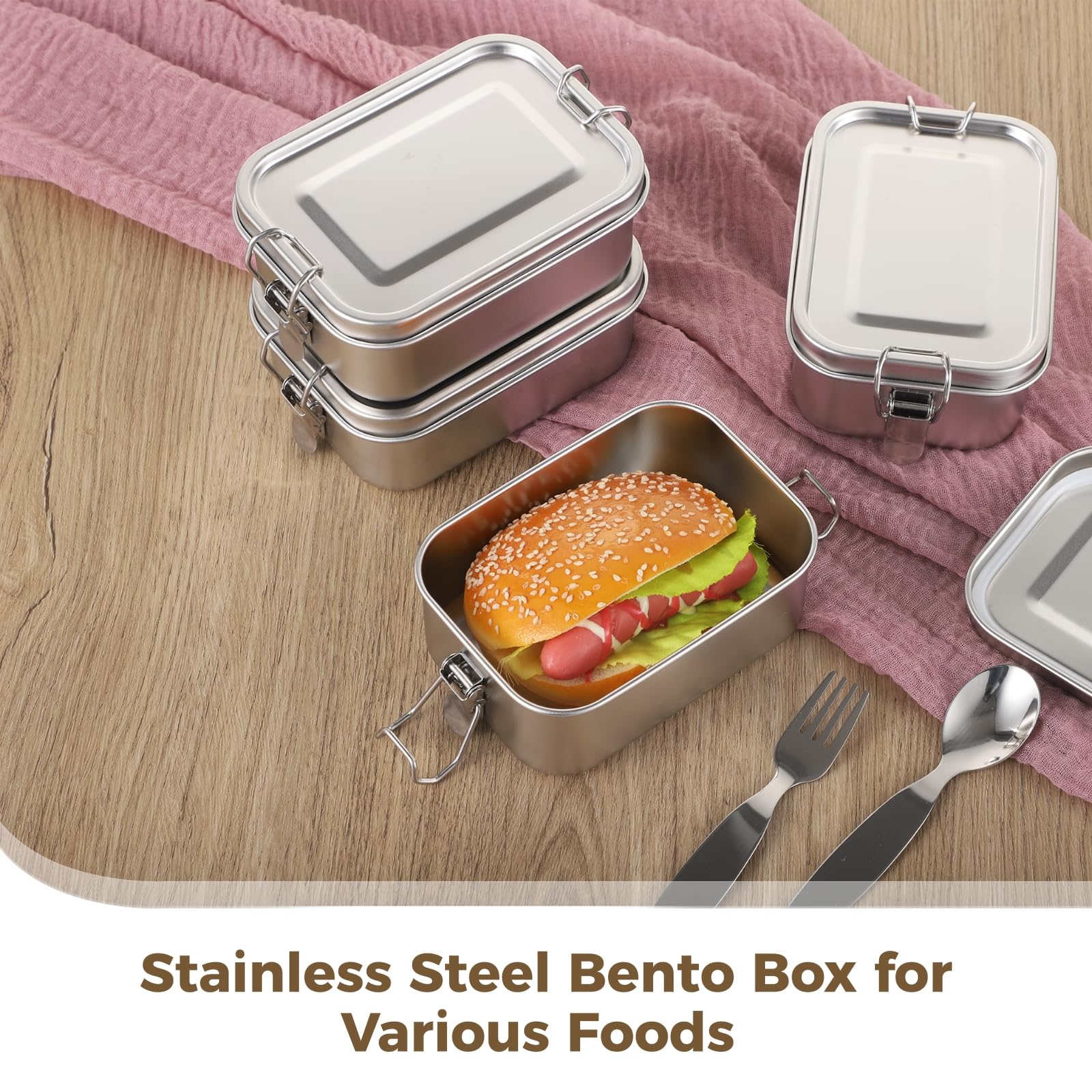 304 Edelstahl Lunchbox Set, 4 stapelbare Behälter mit Verriegelungsdichtung, 550 ml, inklusive Besteck für Büro und Kinder