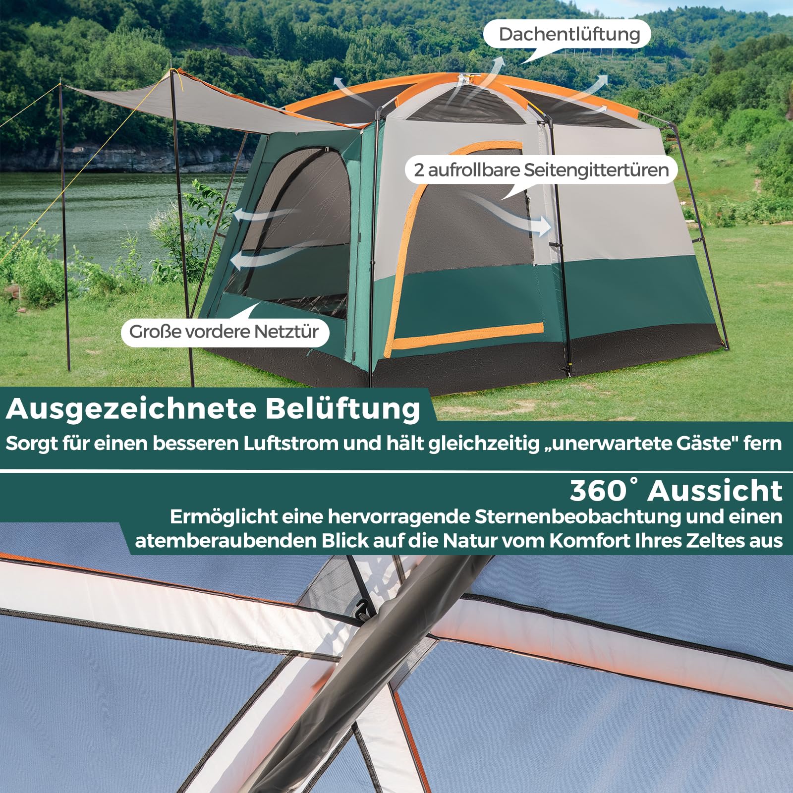 FANTASK Tenda da campeggio per 4-6 persone, grande tenda a tunnel con borsa per il trasporto, per campeggio, tenda con tenda e divisorio per 2 stanze, impermeabile, blu